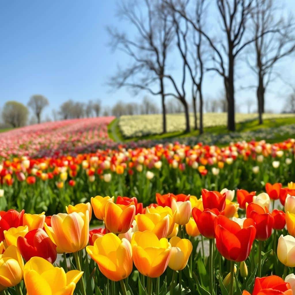 A vibrant field of tulips in full bloom, their petals shimmering under the warm spring sun. In the foreground, clusters of tulips in a dazzling array of colors - deep red, sunny yellow, pastel pink, and pristine white - sway gently in a soft breeze. The middle ground reveals a lush, rolling landscape dotted with more tulips, their stems reaching towards the clear blue sky. In the distance, a row of tall trees frames the scene, their delicate branches casting gentle shadows across the flowers. The overall atmosphere is one of joyful vitality, capturing the essence of spring's colorful awakening.