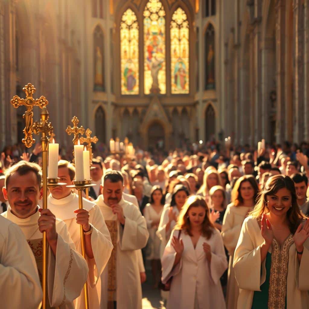 A vibrant gathering of the faithful, bathed in golden afternoon light, as they celebrate the Ascension of the Lord. In the foreground, a procession of robed figures carrying ornate crosses and candles, their faces alight with joy and reverence. In the middle ground, a crowd of parishioners in their Sunday best, some kneeling in prayer, others raising their hands in praise. In the background, the towering spires of a grand cathedral, its stained glass windows glimmering. The atmosphere is one of solemn ceremony and communal devotion, captured through a wide-angle lens that immerses the viewer in the sacred spectacle.