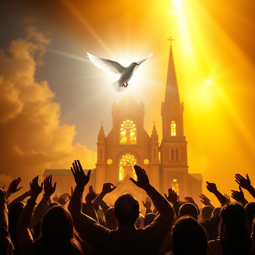 A vibrant, luminous scene of Pentecost Sunday. In the foreground, a radiant dove, representing the Holy Spirit, hovers above a group of believers raising their hands in worship. The middle ground features a warm, golden glow emanating from the sky, as if the heavens are opening. In the background, a majestic church stands tall, its stained-glass windows reflecting the divine light. The scene conveys a sense of awe, reverence, and the profound connection between the faithful and the Holy Spirit, inviting the viewer to experience the transformative power of the Pentecost.