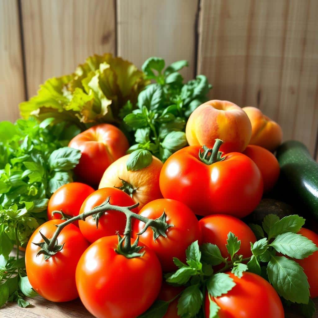 A vibrant still life of fresh summer produce, captured in natural daylight with a soft, diffused lighting. In the foreground, a bountiful arrangement of ripe tomatoes in varying hues of red and orange, their glossy skins reflecting the sun's rays. Beside them, a cluster of juicy peaches with a fuzzy, golden skin, their flesh radiating an inviting warmth. In the middle ground, a mix of seasonal greens - crisp lettuce, fragrant basil, and vibrant zucchini - artfully arranged to showcase their diverse textures and colors. The background features a rustic wooden surface, adding a earthy, organic feel to the scene. The overall composition exudes a sense of abundance, freshness, and the essence of the summer harvest.