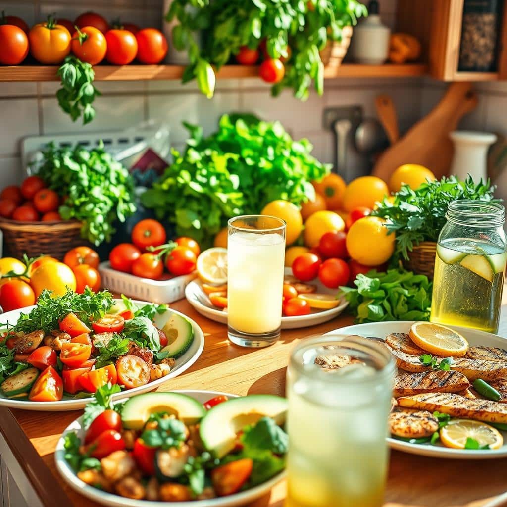 A vibrant, sun-drenched kitchen counter overflowing with a delectable array of fresh summer ingredients - juicy tomatoes, crisp greens, vibrant herbs, and zesty citrus. In the foreground, a collection of simple, yet mouthwatering summer dishes - a colorful salad with sliced avocado, a platter of grilled vegetables drizzled with olive oil, and a refreshing glass of homemade lemonade. The scene is bathed in warm, golden light, creating a welcoming, effortless atmosphere. The composition is balanced and inviting, showcasing the easy, breezy nature of these quick and simple summer recipes. The overall mood is one of relaxation and the pure joy of seasonal cooking.