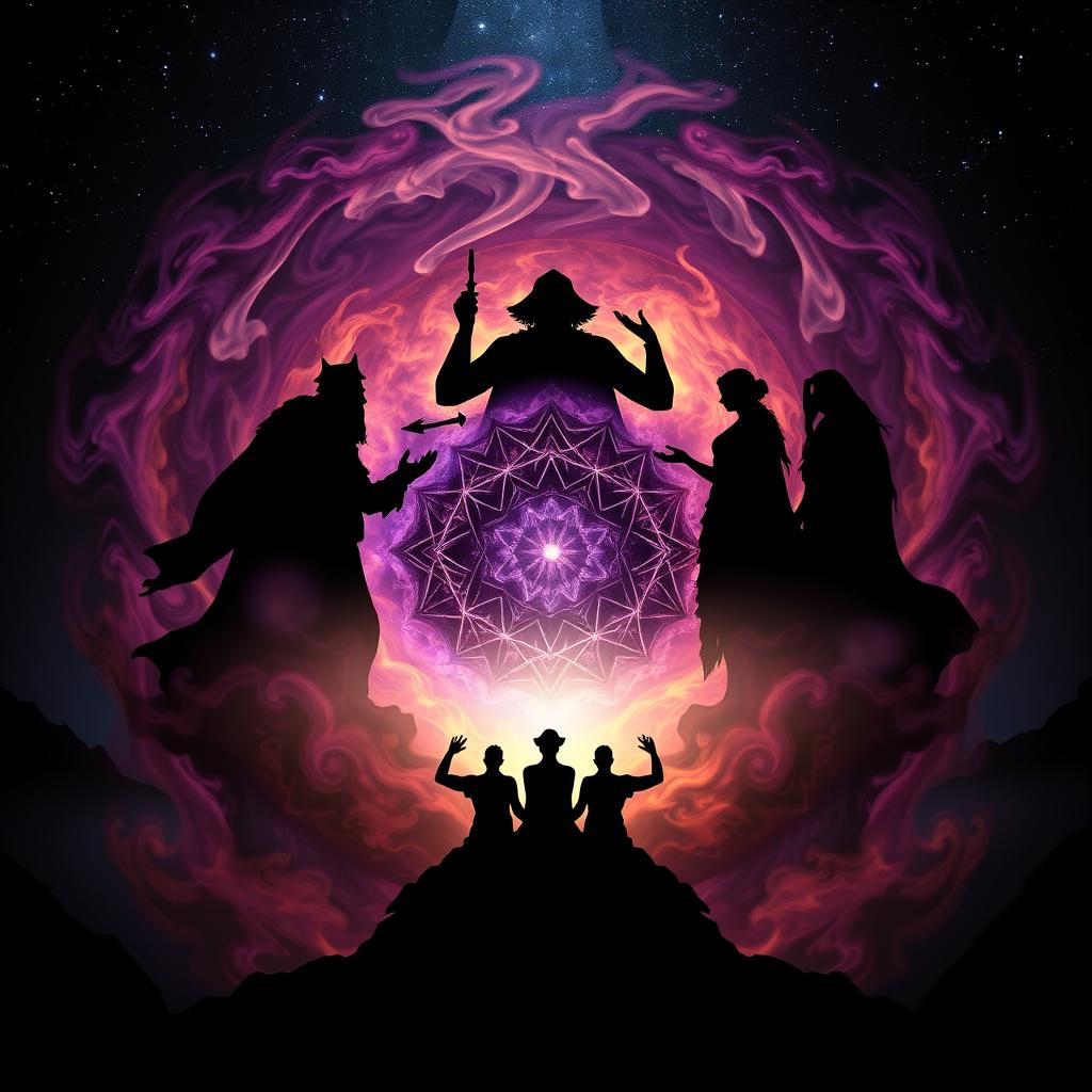 A visually striking scene of archetypal figures emerging from a swirling vortex of energy, representing the interconnected nature of karma and the collective unconscious. In the foreground, silhouettes of the major Jungian archetypes - the Hero, the Wise Old Man, the Great Mother, the Trickster - coalesce into a striking mandala-like composition, their forms blending and intertwining. The middle ground is filled with a dense, nebulous energy field, hues of purple, indigo, and gold swirling and pulsing with a sense of primordial potentiality. In the distant background, a starry night sky frames the scene, suggesting the vast, cosmic scale of these karmic patterns. Dramatic chiaroscuro lighting casts deep shadows, imbuing the image with a sense of mystery and the numinous. The overall mood is one of mystical interconnectedness, the archetypes as gateways into the deeper layers of the collective human experience.