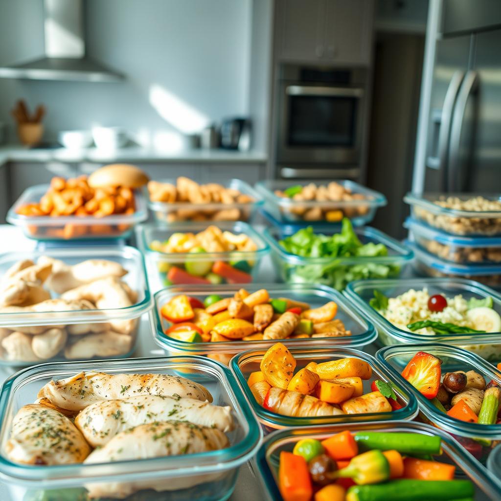 A well-stocked meal prep station with an assortment of freshly cooked chicken dishes, arranged neatly in reusable glass containers. The foreground features a selection of marinaded chicken breasts, seasoned with herbs and spices, alongside colorful roasted vegetables. In the middle ground, various chicken-based recipes are presented, such as teriyaki chicken, lemon pepper chicken, and grilled chicken salad. The background showcases a clean, modern kitchen with stainless steel appliances and natural light streaming in, creating a warm and inviting atmosphere. The overall scene conveys the convenience and efficiency of meal prepping, perfect for busy weeknights.