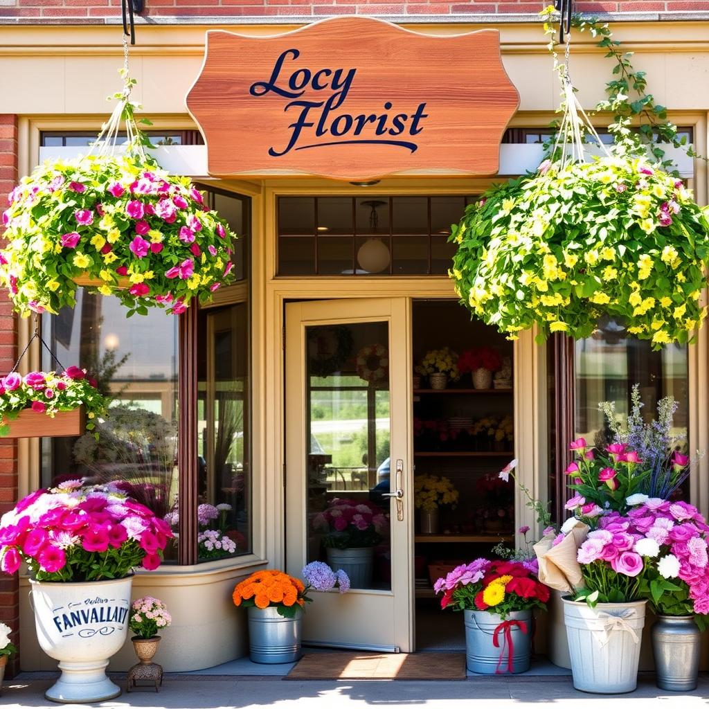 An inviting local florist shop, its vibrant storefront adorned with lush hanging baskets and overflowing flower boxes. Through the large windows, a cozy interior with an assortment of freshly cut blooms arranged in charming vases and buckets. The natural light filters in, casting a warm glow and highlighting the vivid colors of the flowers. The entrance is framed by a quaint awning, drawing passersby in with the captivating aroma of the blooms. A wooden sign above the door displays the shop's name in an elegant script. The scene evokes a sense of small-town charm and a genuine passion for the floral arts.