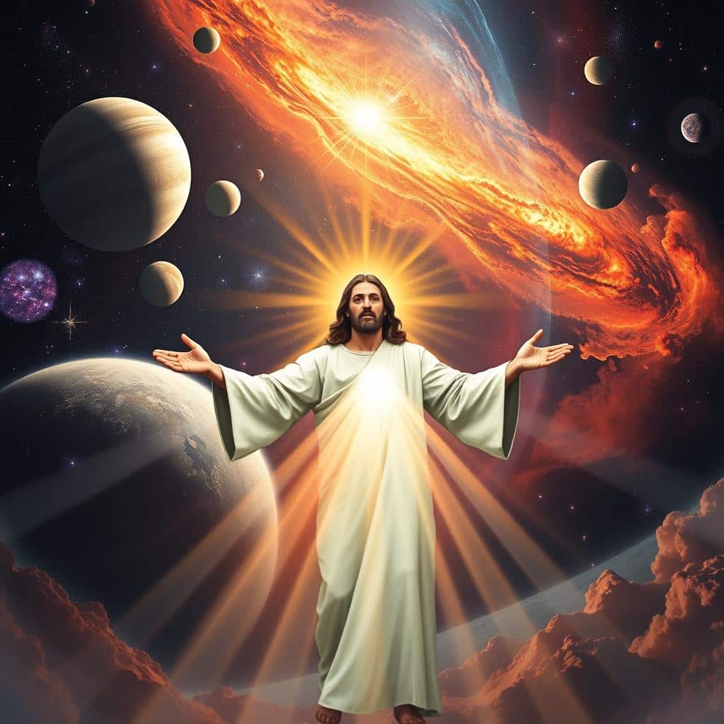 Cosmic significance of Christ's lordship: A grand celestial vista, with planets, stars, and swirling nebulae in the background. In the foreground, a majestic figure of Christ, radiant and commanding, His hands outstretched in a gesture of divine authority. Beams of heavenly light emanate from His form, illuminating the surrounding cosmos. The scene conveys a sense of Christ's universal dominion, His power extending beyond the earthly realm and into the vast expanse of the universe. The overall mood is one of awe, reverence, and the recognition of Christ's supreme, cosmic significance.