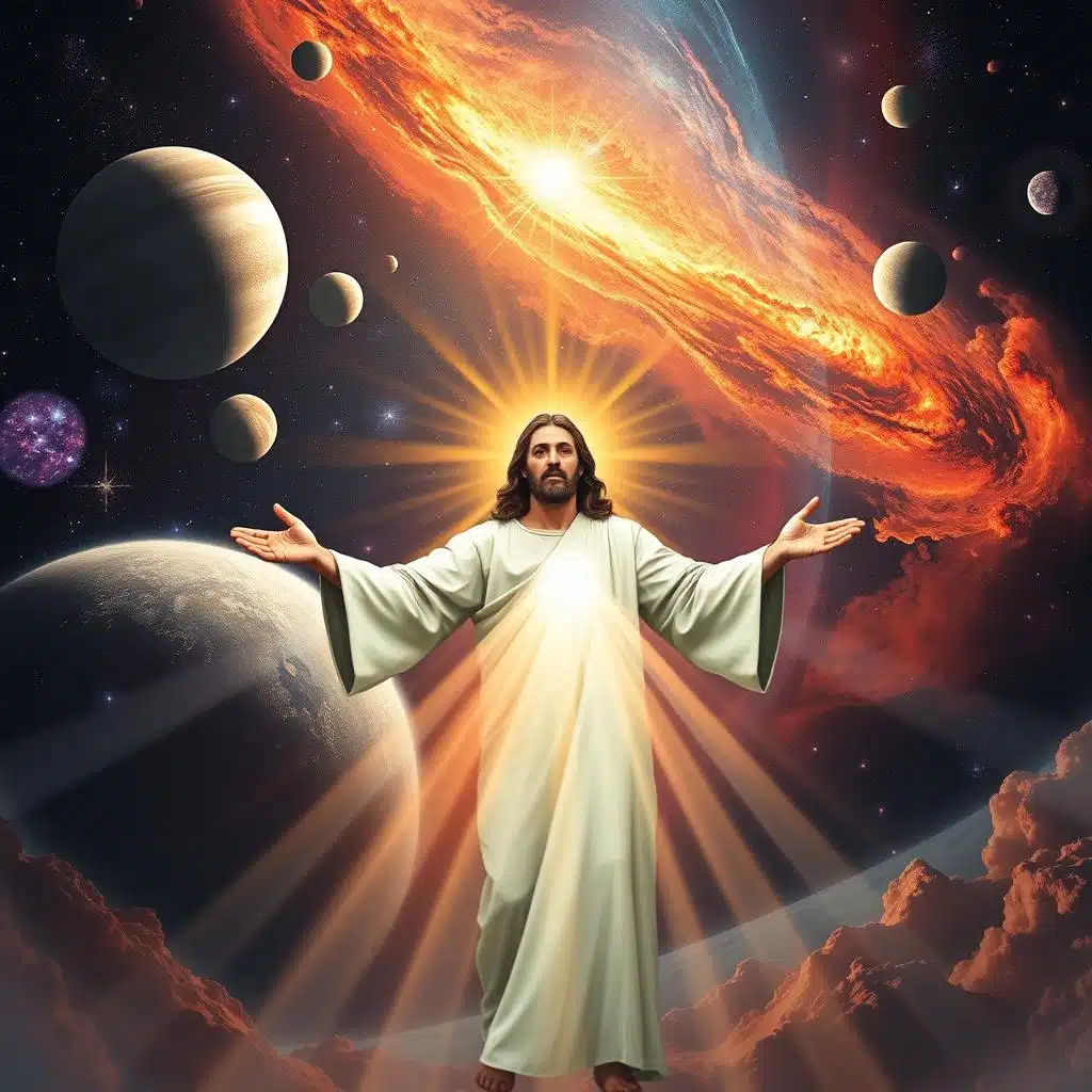 Cosmic significance of Christ's lordship: A grand celestial vista, with planets, stars, and swirling nebulae in the background. In the foreground, a majestic figure of Christ, radiant and commanding, His hands outstretched in a gesture of divine authority. Beams of heavenly light emanate from His form, illuminating the surrounding cosmos. The scene conveys a sense of Christ's universal dominion, His power extending beyond the earthly realm and into the vast expanse of the universe. The overall mood is one of awe, reverence, and the recognition of Christ's supreme, cosmic significance.