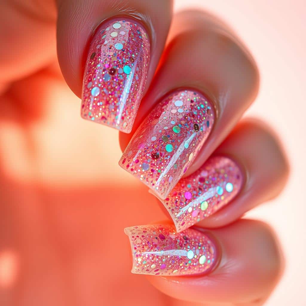 Elegant glitter nail art in vibrant spring shades, captured in a close-up shot against a soft, pastel-toned background. Intricate patterns of sparkly sequins and holographic flecks adorn the perfectly manicured nails, creating a mesmerizing, eye-catching display. Warm, diffused lighting gently illuminates the lustrous finish, evoking a sense of luminous, refined elegance. The composition emphasizes the beauty and artistry of the delicate nail design, inviting the viewer to appreciate the captivating details and the alluring, radiant shine.