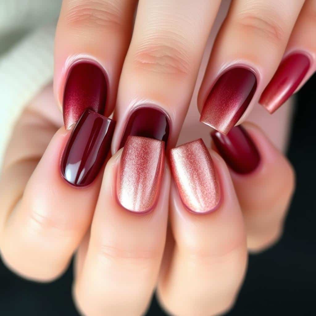 Elegant ombre nail art, with a seamless fade from deep burgundy at the cuticles to a shimmering rose gold at the tips. Captured in soft, diffused lighting that accentuates the gradient effect. The nails are well-manicured, with a high-gloss finish that reflects the light beautifully. The image is framed to showcase the intricate details of the nail design, with a slight close-up perspective to highlight the dimensional quality of the ombre. The overall mood is one of sophistication and refinement, perfectly suited for a stylish spring nail art feature.