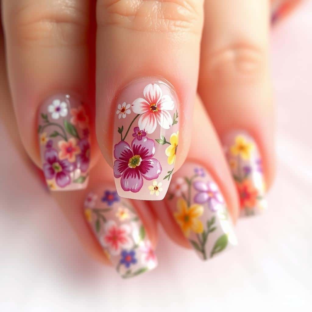 High-quality, detailed floral nail art patterns against a soft, ethereal backdrop. Delicate, hand-painted flowers in vibrant hues of pink, purple, and yellow bloom across the nails, with intricate petals and leaves creating a natural, organic design. Subtle shimmering highlights and a glossy finish give the nails a luminous, radiant appearance. Captured in soft, diffused lighting, this feminine and whimsical nail art evokes the lush, blooming energy of spring.