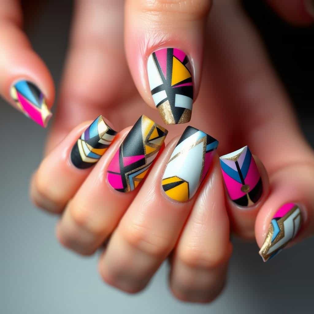Intricate geometric nail art, with bold patterns and vibrant colors. Sleek, modern designs feature sharp angles, clean lines, and a striking visual impact. Glimmering metallic accents create depth and dimension, while a matte topcoat lends a sophisticated, high-fashion finish. Crisp, even lighting illuminates the details, captured from a flattering high-angle perspective that showcases the sculptural, three-dimensional nature of the nails. The overall mood is stylish, energetic, and on-trend, perfectly capturing the spirit of bold, statement-making spring nail art.