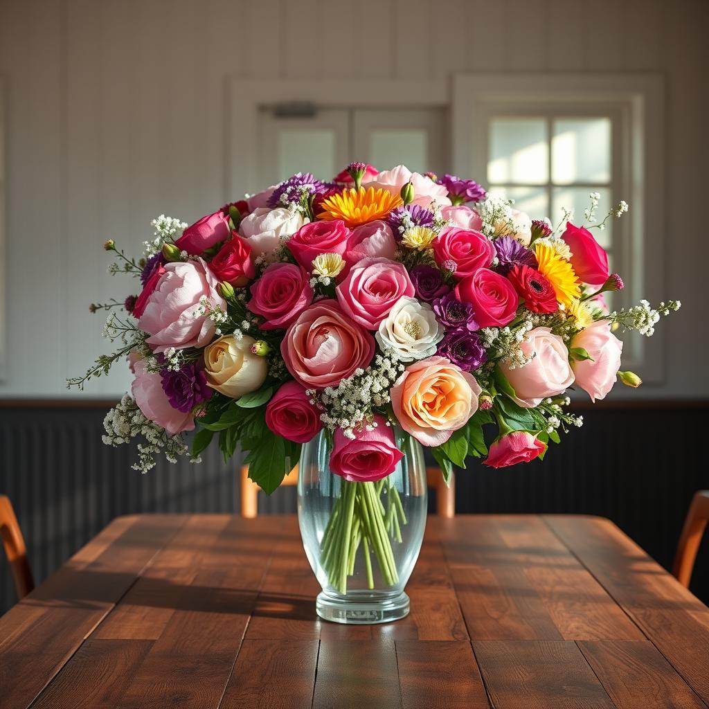 Magnificent floral arrangements bursting with vibrant blooms, artfully arranged in an elegant vase atop a rustic wooden table. The foreground showcases a lush bouquet of colorful peonies, roses, and delicate baby's breath, illuminated by warm, natural lighting filtering through large windows. The middle ground features a sophisticated glass vase, its clean lines and transparency allowing the flowers to take center stage. In the background, a minimalist, white-washed wall provides a simple, yet stunning backdrop, emphasizing the beauty and complexity of the floral composition. The overall scene exudes a sense of effortless charm and refined sophistication, perfectly capturing the essence of creating stunning floral arrangements at home.