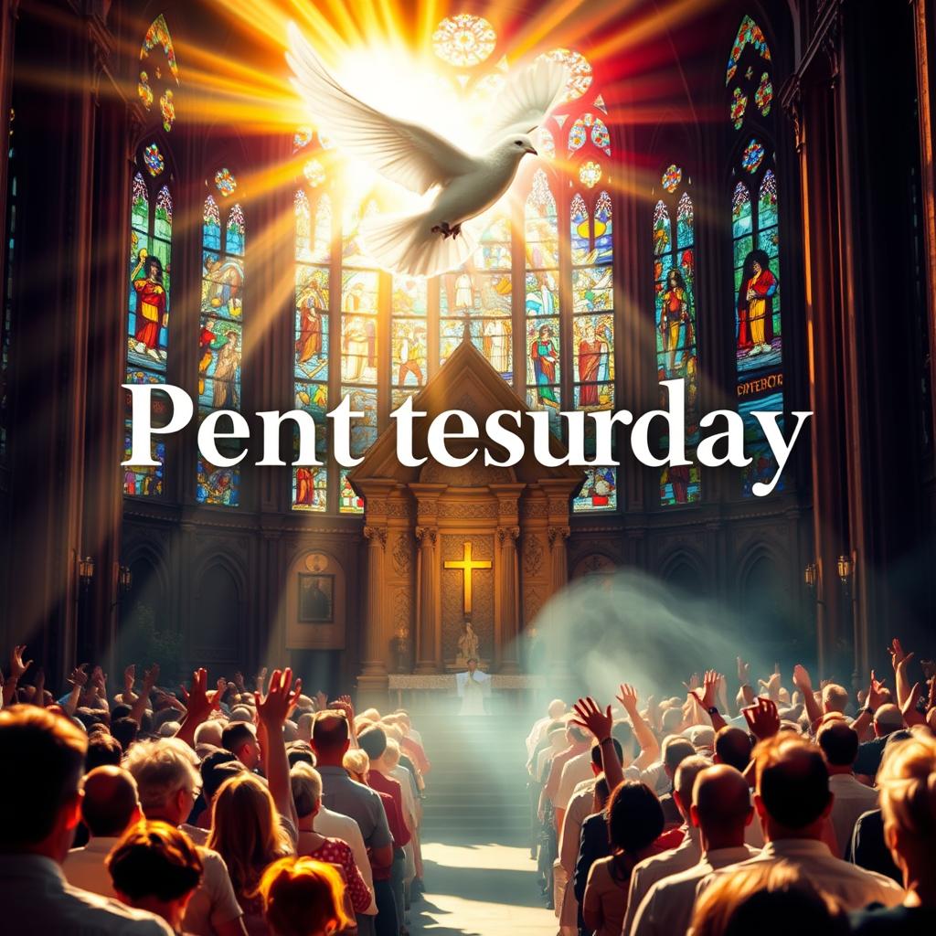 Pentecost Sunday, a vibrant celebration of the Holy Spirit's descent. A luminous stained-glass cathedral, sunlight streaming through colorful panes, casting a warm, reverent glow. In the foreground, a radiant dove, symbol of the Spirit, hovering above a congregation immersed in fervent prayer. Tongues of fire dance across their upturned faces, igniting their faith. In the middle ground, a majestic pulpit, where the Word is proclaimed, inviting all to drink from the "rivers of living water" promised by Christ. The background reveals a congregation united, their hands raised in praise, the sanctuary filled with the rushing wind of the Spirit.