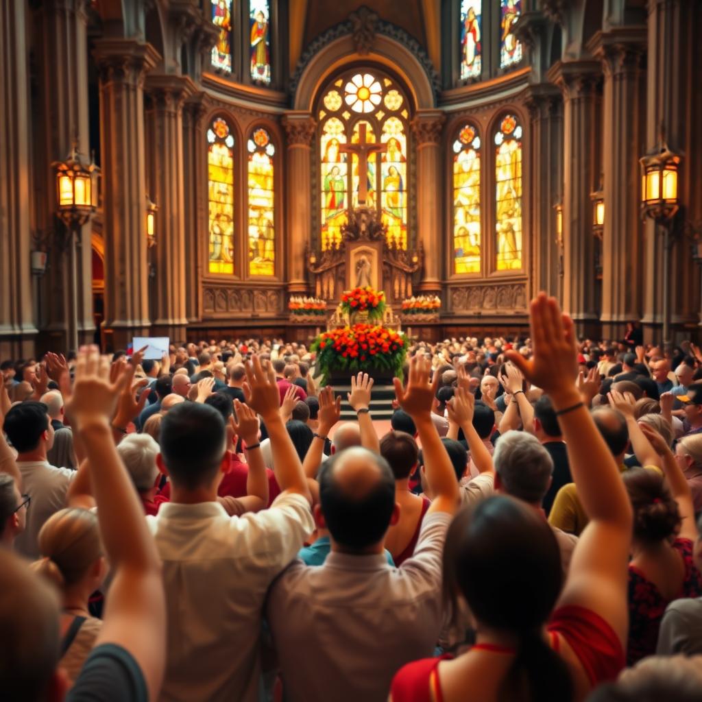Pentecost traditions in a vibrant, multicolored celebration. A large crowd of diverse Christian worshippers gathered in a grand cathedral, with stained glass windows bathed in warm, golden light. In the foreground, people raise their hands in worship, eyes closed, faces filled with reverence. In the middle ground, a central altar adorned with red and orange flowers, a visual representation of the Holy Spirit's descent. The background features ornate architectural details, columns, and pews, conveying a sense of ancient tradition and sacred space. An atmosphere of joyful, communal devotion permeates the scene, capturing the spirit of Pentecost celebrations across Christian communities.