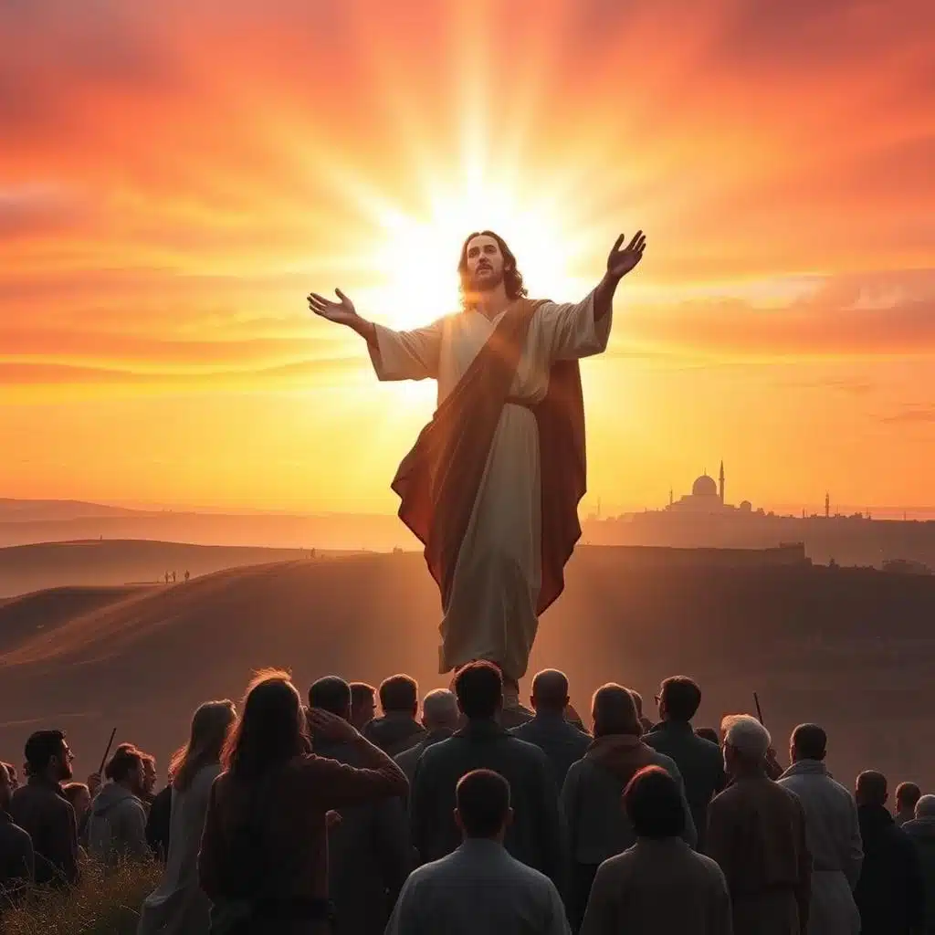 Serene sunset over a rolling hillside, the sky ablaze with vibrant hues of orange and pink. In the foreground, a majestic figure of Jesus ascending into the heavens, his arms outstretched in a gesture of benediction. Surrounding him, a gathering of awestruck disciples, their faces filled with wonder and reverence. In the middle ground, a shimmering aura of divine light emanates from the ascending Christ, casting a warm glow upon the scene. In the distance, the silhouettes of Jerusalem's ancient walls and towers, a reminder of the earthly realm left behind. Soft, diffused lighting illuminates the entire composition, creating a sense of transcendent spirituality. Cinematic camera angle, dramatic perspective, and masterful use of chiaroscuro to elevate the theological significance of this pivotal moment from the Book of Acts.