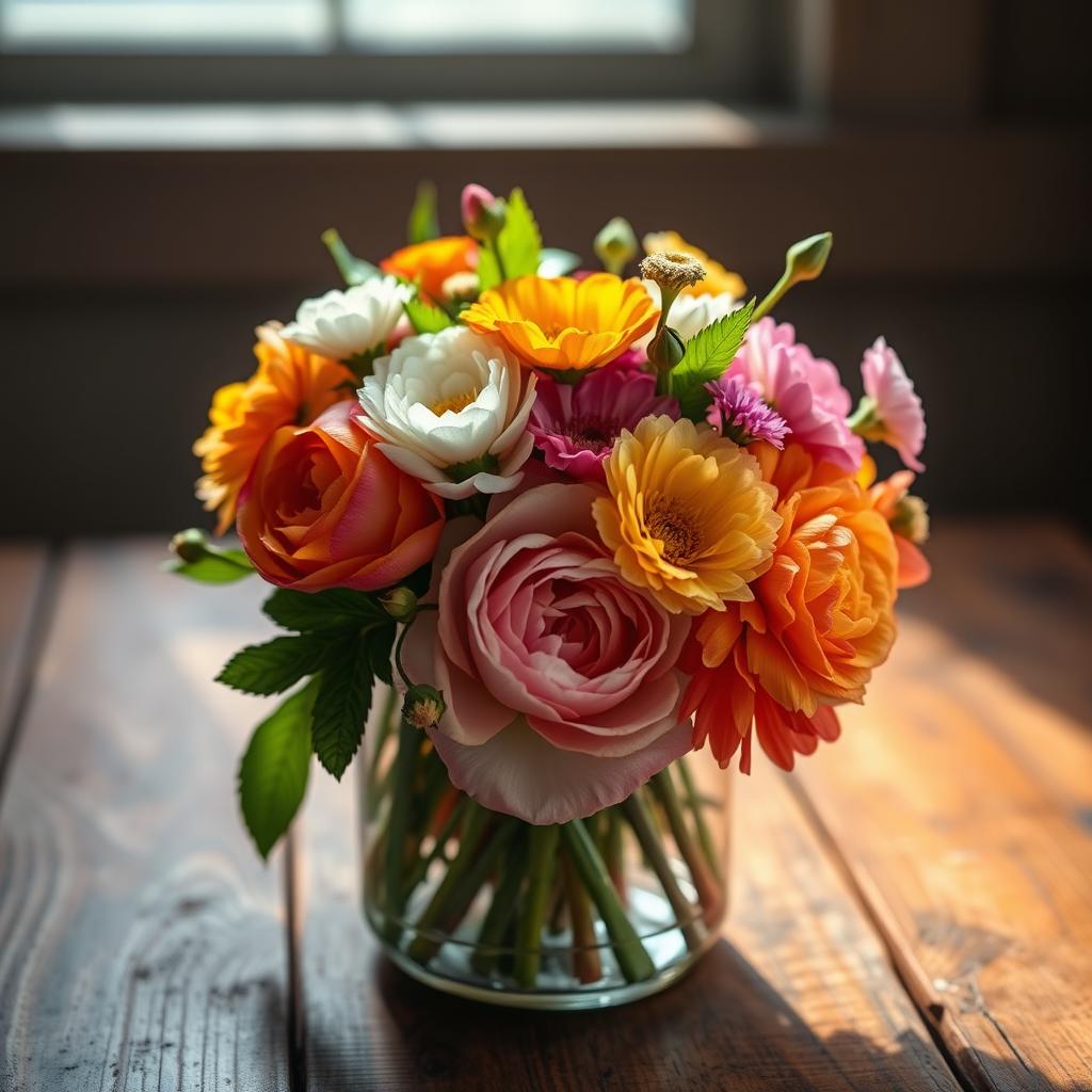 Vibrant, well-preserved flowers artfully arranged in a glass jar, bathed in soft, warm lighting that accentuates their delicate petals and natural hues. The bouquet features a mix of colorful blooms, including roses, peonies, and carnations, frozen in time, their vibrant shades contrasting against the transparency of the vessel. The composition is framed by a rustic wooden surface, lending a timeless, earthy aesthetic. Subtle shadows and reflections add depth and dimension, creating an inviting, serene atmosphere that captures the essence of preserving nature's beauty for lasting enjoyment.