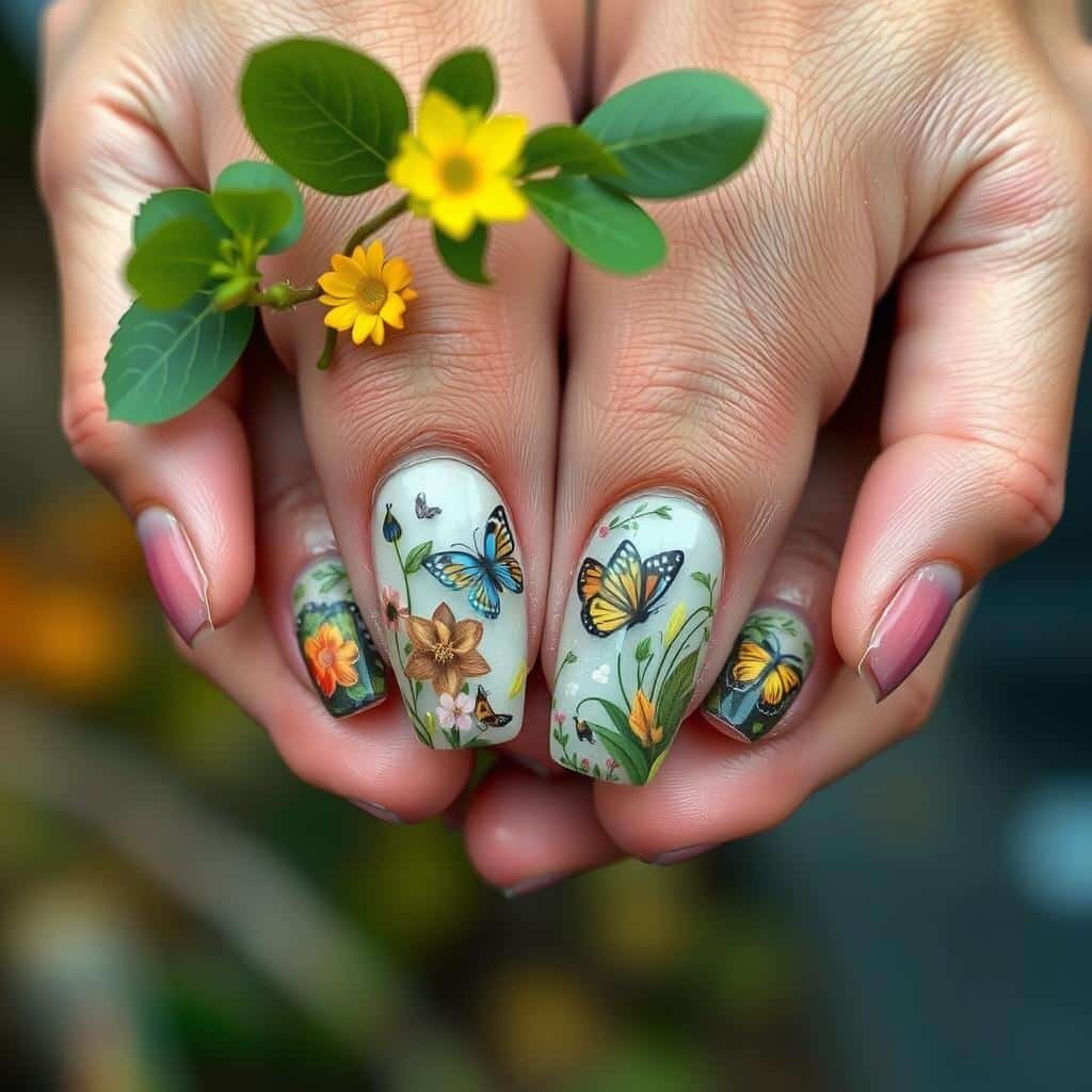 a close-up view of a set of hands with meticulously crafted nature-inspired nail art, featuring delicate floral patterns, vibrant butterflies, and whimsical forest creatures, all rendered in a mix of vibrant, earthy colors and intricate detail, with a soft, diffused lighting that highlights the three-dimensional texture and depth of the design, set against a blurred, out-of-focus natural background, creating a serene and enchanting composition that captures the essence of springtime and the beauty of the natural world.