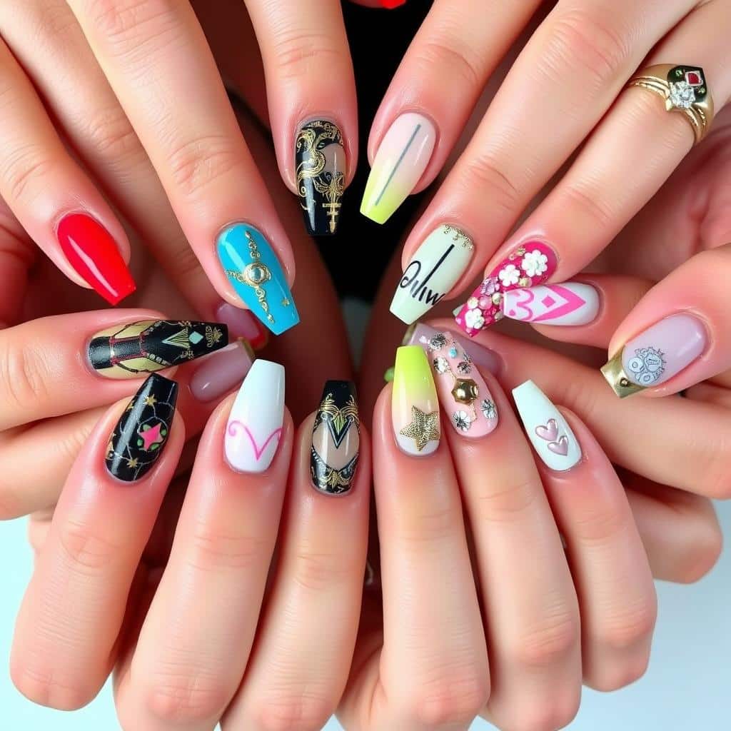 trending nail art: a close-up view of several hands displaying an array of vibrant, intricate nail art designs. the nails feature a variety of styles including geometric patterns, floral motifs, metallic accents, and 3D embellishments. the hands are positioned in a dynamic, overlapping arrangement, creating a visually striking and on-trend composition. the lighting is soft and diffused, emphasizing the glossy, high-shine finish of the nail lacquers. the overall mood is playful, stylish, and reflective of the latest social media-driven nail art crazes.