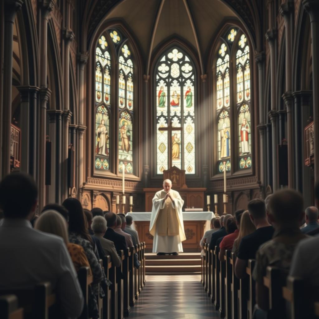 A Catholic liturgy on a Sunday in ordinary time. The scene depicts a church interior with ornate Gothic architecture, stained glass windows, and a central altar. Worshippers are seated in the pews, attentively listening to the homily delivered by a robed priest at the altar. Soft, diffused lighting filters through the stained glass, creating a serene and contemplative atmosphere. The composition emphasizes the reverence and solemnity of the moment, with the priest's gesture and the congregation's posture conveying a sense of devotion. The image captures the essence of a typical Catholic Sunday mass, reflecting the readings and themes of the Fourteenth Sunday in Ordinary Time.
