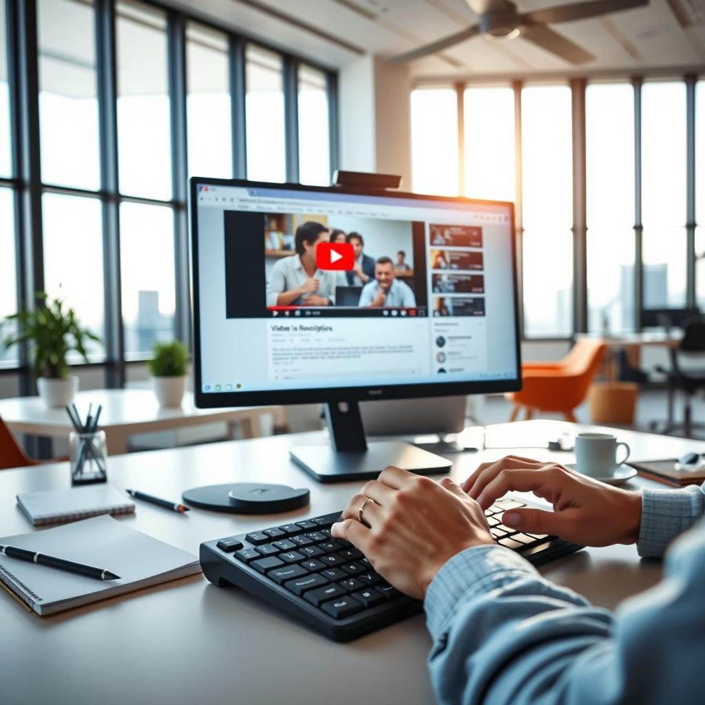 A bright, modern office setting with a large computer screen displaying a YouTube video player. In the foreground, a person's hands are typing on a keyboard, carefully crafting an engaging video description. The middle ground features an organized desk with a notebook, pen, and other productivity tools. The background showcases floor-to-ceiling windows, allowing natural light to stream in and create a warm, productive atmosphere. The overall mood is one of focus, creativity, and a desire to optimize content for maximum visibility and engagement.