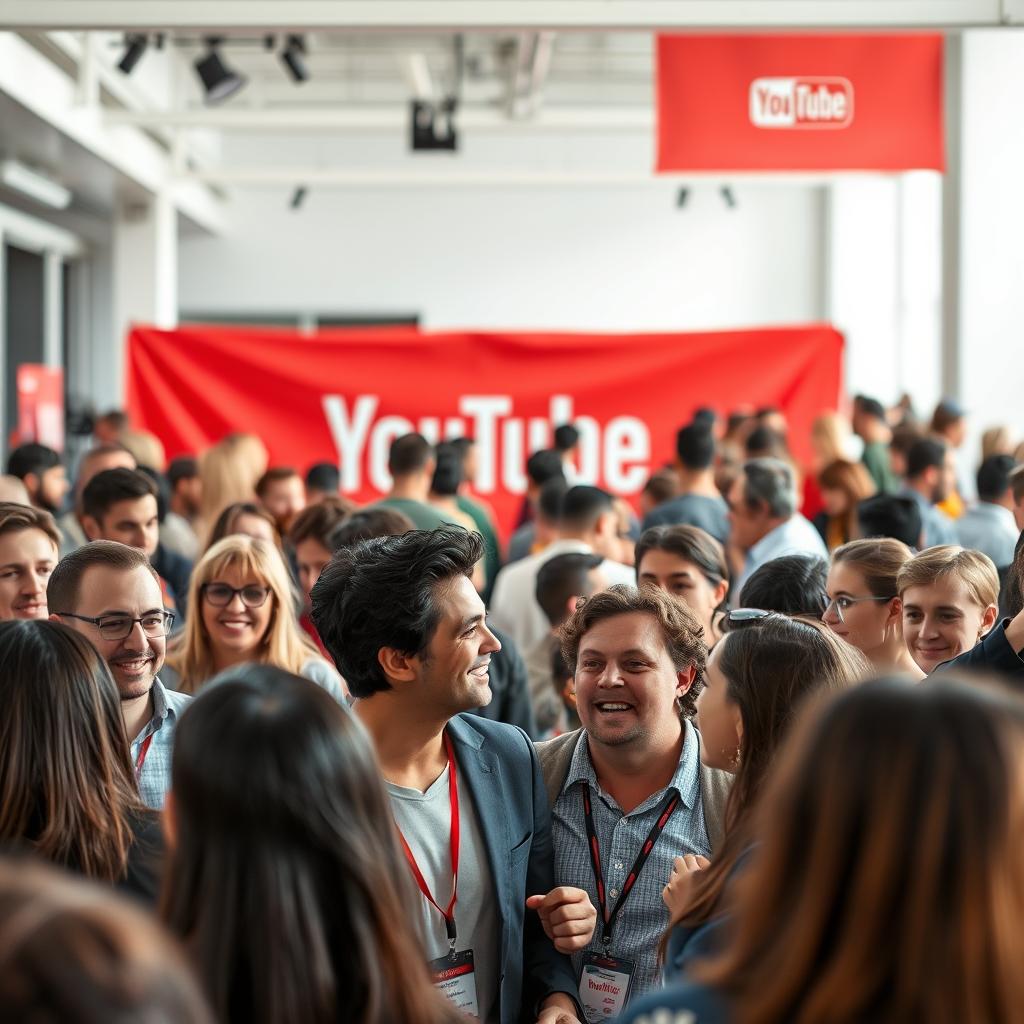 A bustling YouTube community gathering, captured in a vibrant, well-lit scene. In the foreground, a diverse group of content creators and viewers engage in animated discussions, their expressions radiating enthusiasm and camaraderie. The middle ground features a backdrop of YouTube's iconic red and white branding, setting the stage for the collaborative atmosphere. In the background, a soft, blurred focus highlights the energy and excitement of the event, with people mingling and networking against a backdrop of modern, minimalist decor. The overall composition conveys a sense of dynamic interaction, fostering a sense of belonging and shared purpose within the YouTube community.