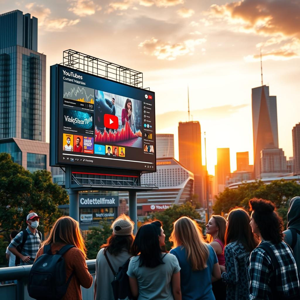 A bustling city skyline at golden hour, with a towering billboard in the foreground showcasing a vibrant YouTube video player interface. The screen displays an array of eye-catching analytics, hinting at the potential for exponential growth in views. In the middle ground, a group of diverse content creators collaborate, their body language exuding excitement and camaraderie. The background features a blend of modern architecture and lush greenery, creating a dynamic and inspirational setting. Soft, warm lighting bathes the scene, conveying a sense of opportunity and strategic synergy.