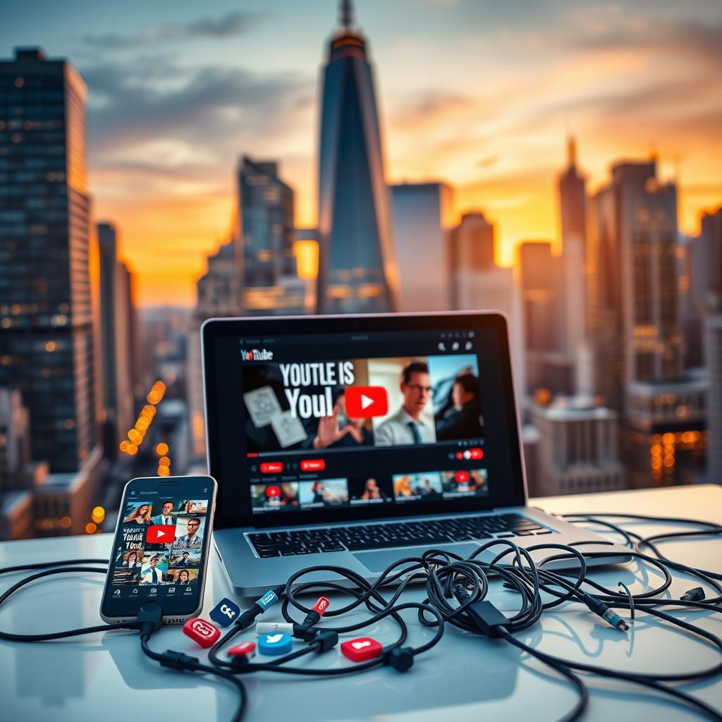 A bustling city skyline, towering skyscrapers illuminated by a warm sunset glow. In the foreground, a laptop and smartphone prominently displayed, their screens showcasing colorful YouTube video thumbnails. Cables and social media icons spill out, connecting the devices to a web of digital platforms. The scene radiates a sense of digital connectivity, hinting at the power of cross-platform promotion to drive traffic to engaging YouTube content. Subtle camera depth-of-field blur and a cinematic lighting setup enhance the professional, visually-compelling atmosphere.