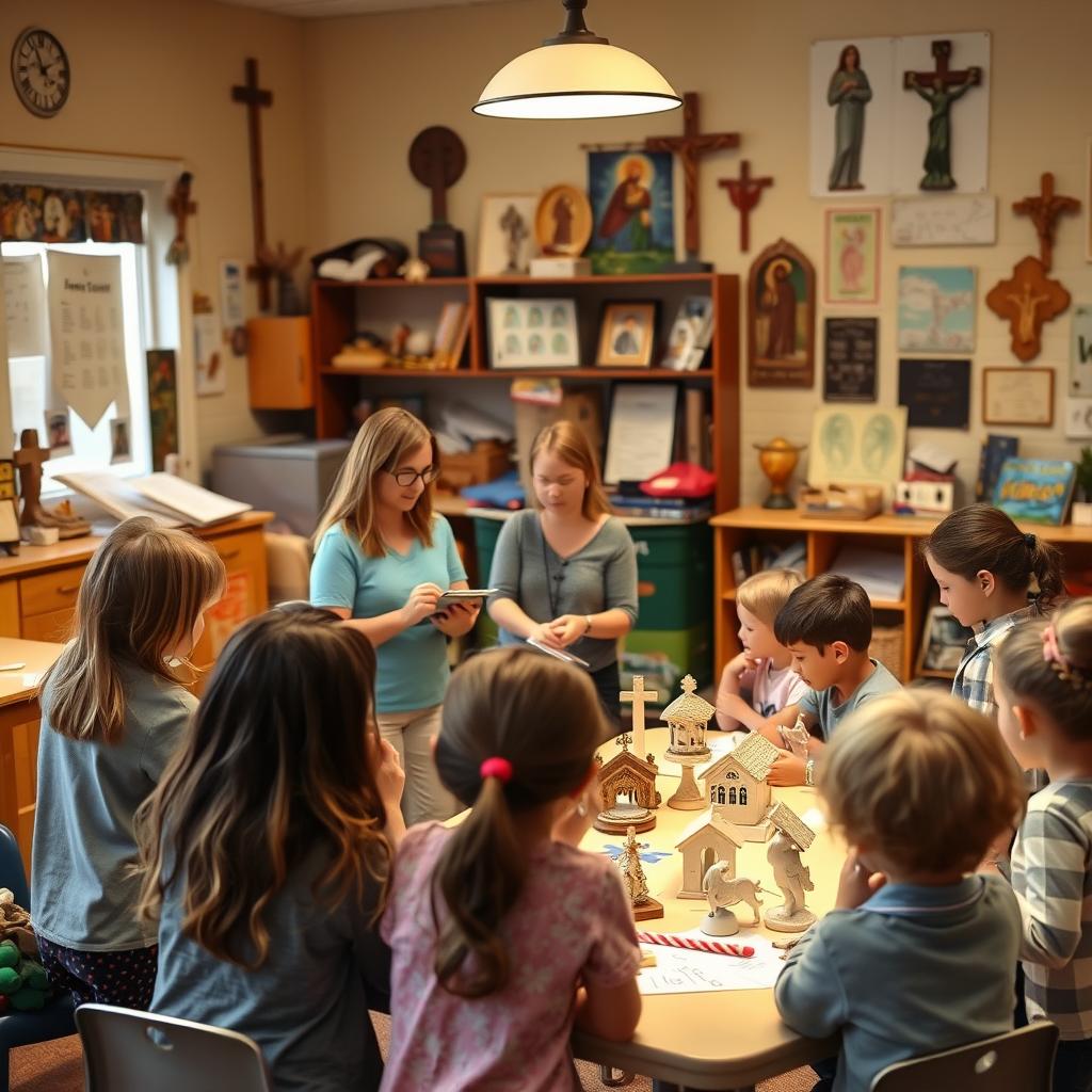 A classroom setting with children engaged in various faith formation activities. In the foreground, a group of young students gathered around a teacher, discussing religious teachings and engaging in interactive lessons. In the middle ground, students are seen working on arts and crafts projects, such as creating religious-themed artwork or models. The background features a cozy, well-lit room with religious symbols, posters, and other decorations that reinforce the faith-based atmosphere. The lighting is warm and inviting, creating a sense of safety and comfort. The overall mood is one of exploration, discovery, and spiritual growth.