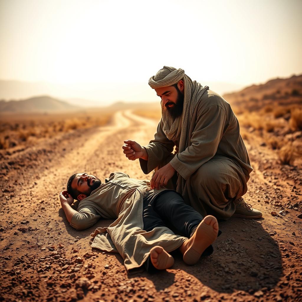 A compassionate figure in traditional Middle Eastern garb tenderly assists a wounded traveler lying on the dusty road. The good Samaritan's face radiates kindness as he gently binds the man's injuries, his strong hands and resolute expression conveying a sense of unwavering duty. In the middle ground, the road winds through a sparse, sun-dappled landscape, hinting at the remoteness of the scene. The background is shrouded in a soft, golden haze, emphasizing the tranquility and timelessness of the moment. Dramatic side lighting casts deep shadows, heightening the visual drama and sense of reverence. A contemplative, serene atmosphere pervades the entire composition.