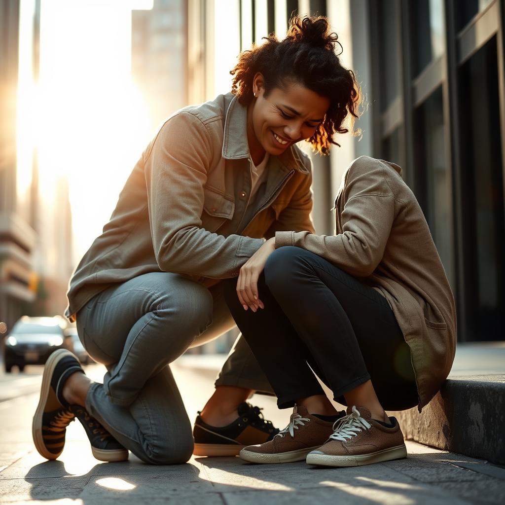 A compassionate person in casual clothing kneeling beside a distressed individual on a city sidewalk, their face expressing concern and care. The scene is bathed in warm, diffused sunlight filtering through tall buildings in the background, creating a sense of intimacy and hope. The composition draws the viewer's eye to the act of aid and empathy, reflecting the transformative power of simple human kindness.