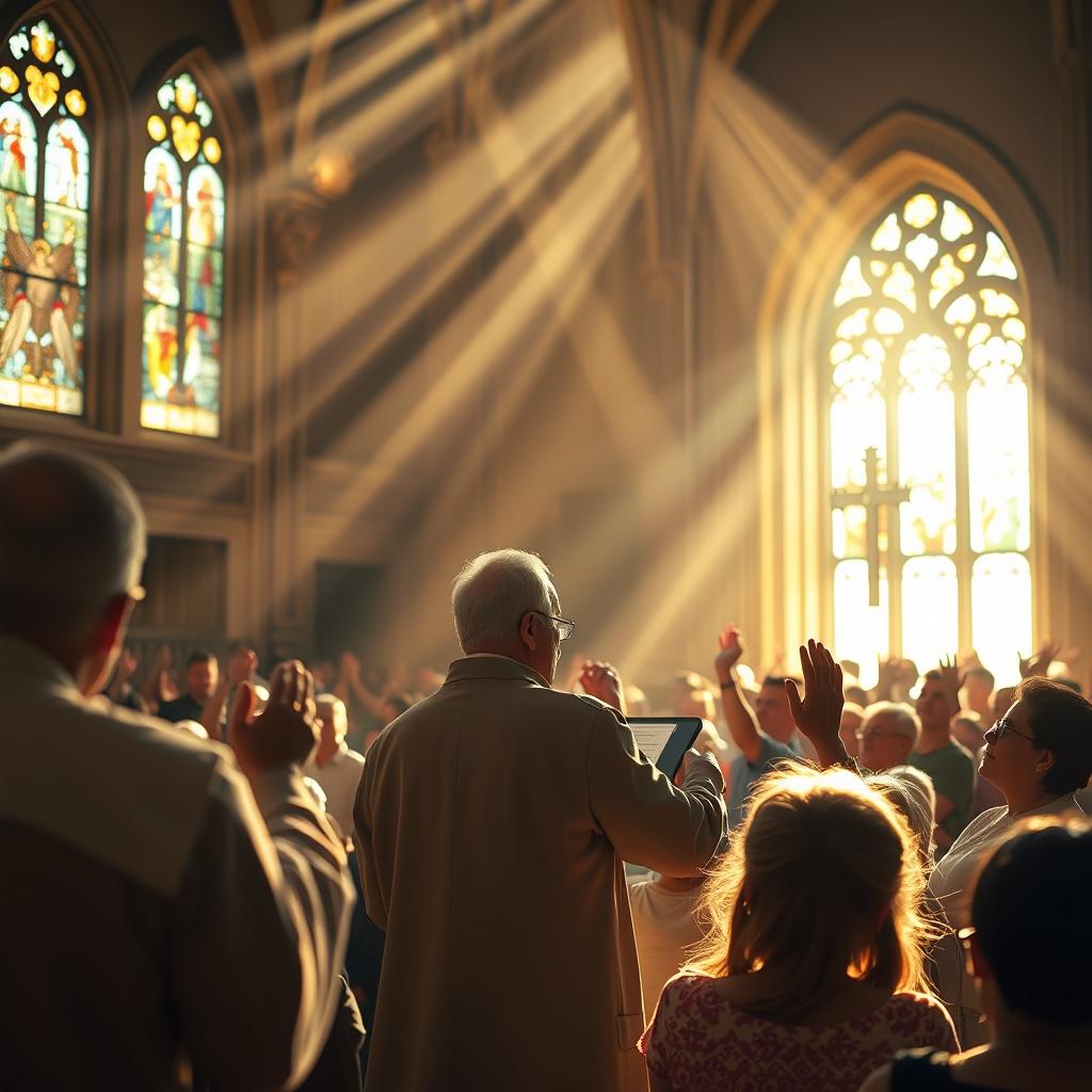 A congregation of devout worshippers gathered in a sunlit cathedral, their hands raised in reverence. Rays of light stream through stained glass windows, casting a warm, ethereal glow upon the scene. In the foreground, a minister stands at the pulpit, delivering a heartfelt sermon, his expression one of profound conviction. The congregation, a tapestry of diverse faces, listen intently, their expressions reflecting a deep, spiritual connection. The atmosphere is one of profound serenity and sacred devotion, inviting the viewer to experience the transformative power of faith in the modern world.