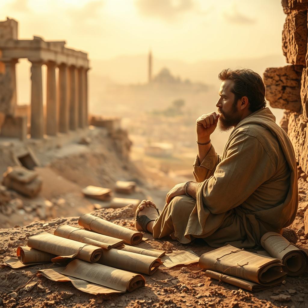 A contemplative Jeremiah, deep in thought, sits among the ruins of Jerusalem. Soft, golden light filters through the dusty air, casting a pensive mood. In the foreground, ancient scrolls and weathered parchments lie scattered, hinting at the weight of Jeremiah's prophetic writings. The middle ground reveals the remnants of once-grand structures, their crumbling facades a testament to the consequences of Israel's spiritual decline. In the distance, a hazy, impressionistic skyline suggests the expansive, melancholic scope of Jeremiah's experience, as he grapples with the nation's betrayal of God's covenant. This scene conveys the anguish, introspection, and profound theological insights that define Jeremiah's prophetic journey.
