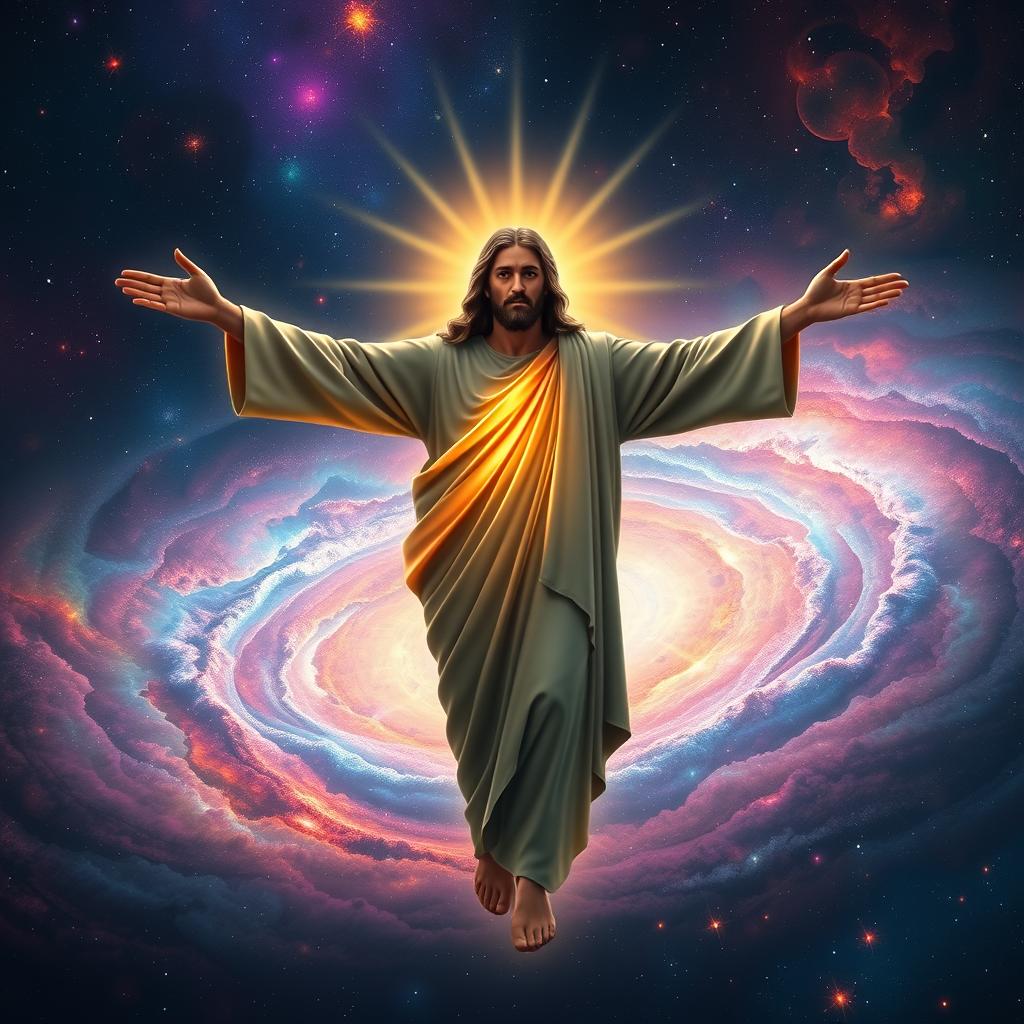 A cosmic, glowing figure of Christ, arms outstretched, levitating above a swirling galaxy. Vibrant colors of nebulae and star clusters fill the background, creating a sense of otherworldly grandeur. The figure's face is serene, exuding a divine power that transcends the material world. Shafts of celestial light emanate from the figure, illuminating the surrounding cosmos. The composition is balanced, with the central figure commanding attention, yet integrated seamlessly into the vastness of the universe. A sense of mystery and reverence permeates the scene, inviting the viewer to ponder the cosmic significance of the Messiah.