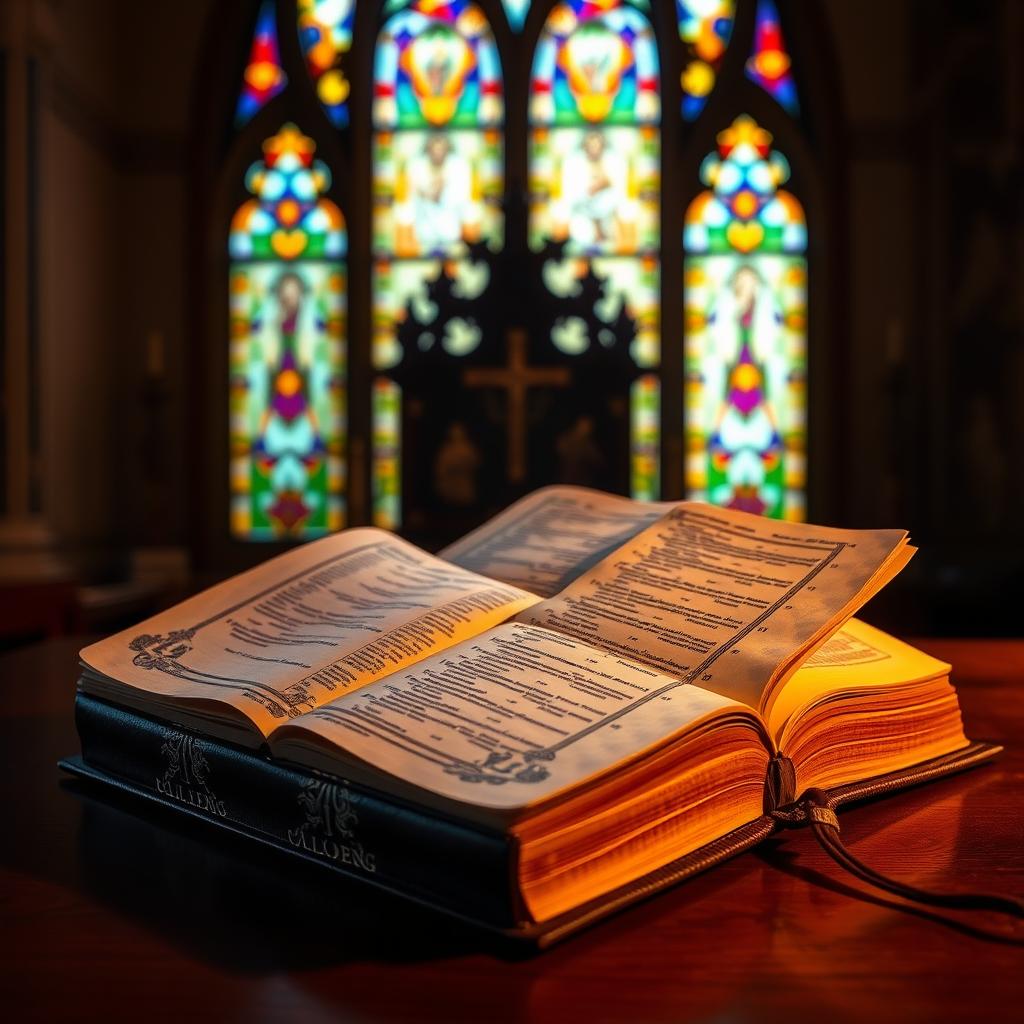 A detailed Catholic lectionary resting on a mahogany table, illuminated by warm, soft lighting. The leather-bound volume features intricate gold embossing, with aged pages revealing liturgical readings. In the background, a stained-glass window casts a kaleidoscope of colors, creating a reverent ambiance. The composition captures the solemnity and timelessness of the Catholic liturgical tradition, inviting the viewer to contemplate the practical applications of the Word of God in the lives of American Catholics today.