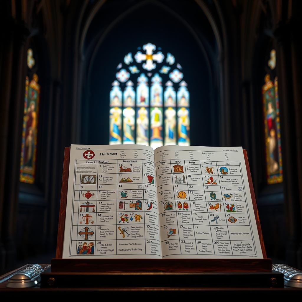 A detailed Catholic liturgical calendar, displayed on a wooden church podium. The calendar features intricate illustrations of religious symbols, liturgical colors, and important feast days. The background is a dimly lit cathedral interior, with stained glass windows casting a warm, reverent glow. The lighting is soft and dramatic, creating a contemplative, spiritual atmosphere. The calendar is the focal point, inviting the viewer to study the sacred schedule of the church year. The overall composition conveys the solemnity and tradition of the Catholic liturgical tradition.