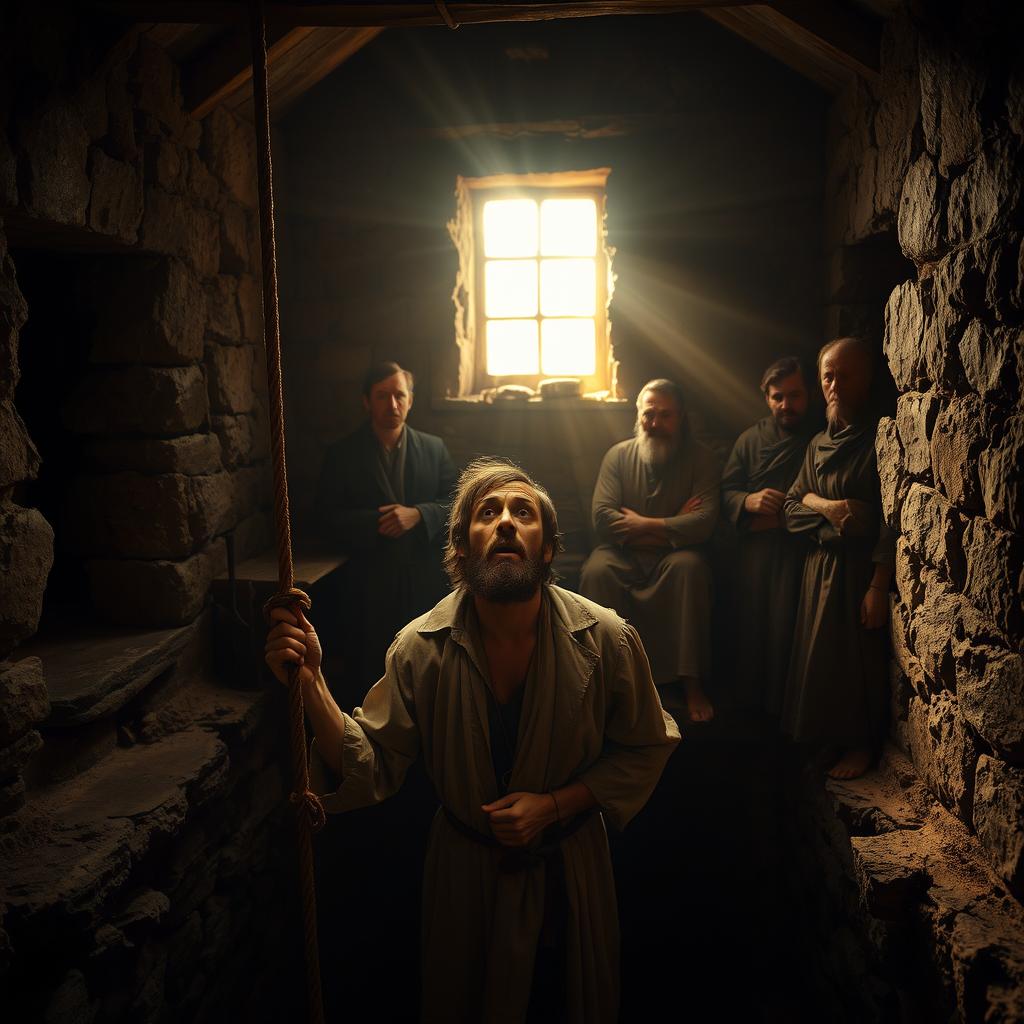 A dimly lit 18th century interior, a small room with stone walls and a dirt floor. In the foreground, a bearded man in tattered robes, his hands bound, being lowered by ropes into a deep, dark pit. His anguished expression captures the unjust persecution he faces. In the middle ground, a group of stern-faced officials observe the scene, their expressions unreadable. In the background, a single window allows shafts of warm, golden light to filter in, casting dramatic shadows. The atmosphere is one of tension, oppression, and the triumph of power over the innocent. A cinematic, dramatic rendering of Jeremiah's unjust persecution.