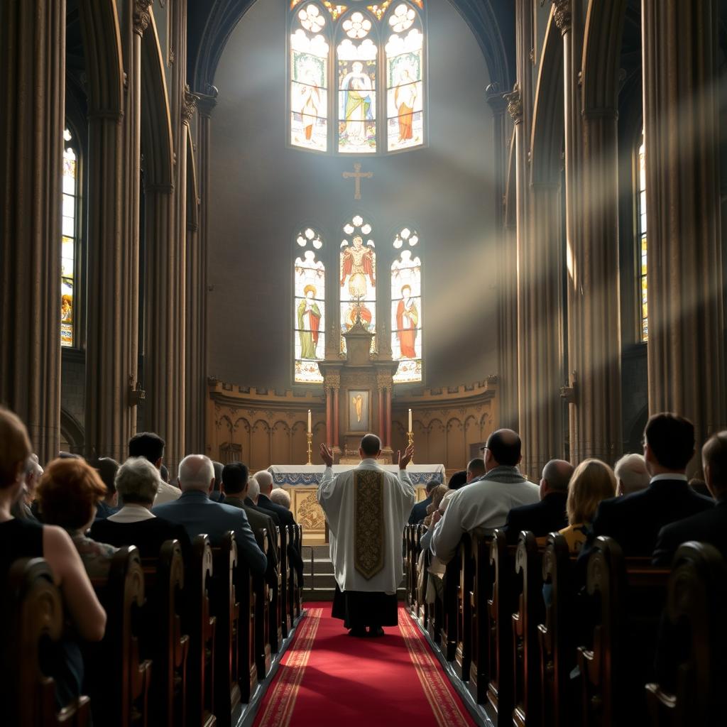 A dimly lit Catholic church sanctuary, sunlight filtering through stained glass windows, casting warm hues across the ornate altar and pulpit. In the foreground, a priest dressed in liturgical vestments leads a solemn service, hands raised in benediction as parishioners kneel in reverence. The middle ground showcases the intricate wooden pews, some occupied by worshippers lost in quiet reflection. In the background, the vaulted ceiling and towering columns evoke a sense of sacred, timeless ritual. The atmosphere is one of peaceful solemnity, as the liturgical practices of the Fourteenth Sunday in Ordinary Time unfold.