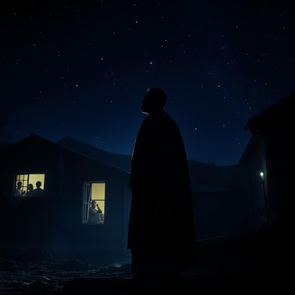 A dimly lit, atmospheric scene of a serene nighttime setting. In the foreground, a figure stands vigilantly, dressed in robes, gazing intently into the distance. The middle ground reveals a humble household, its inhabitants visible through the windows, engaged in various domestic activities. In the background, a starry sky stretches out, lending a sense of timelessness and contemplation. The lighting is soft and moody, casting dramatic shadows and highlights, evoking a sense of watchfulness and anticipation. The composition is balanced, with the central figure drawing the viewer's eye, while the surrounding elements provide context and depth. The overall mood is one of reverence, readiness, and the quiet unfolding of a sacred narrative.