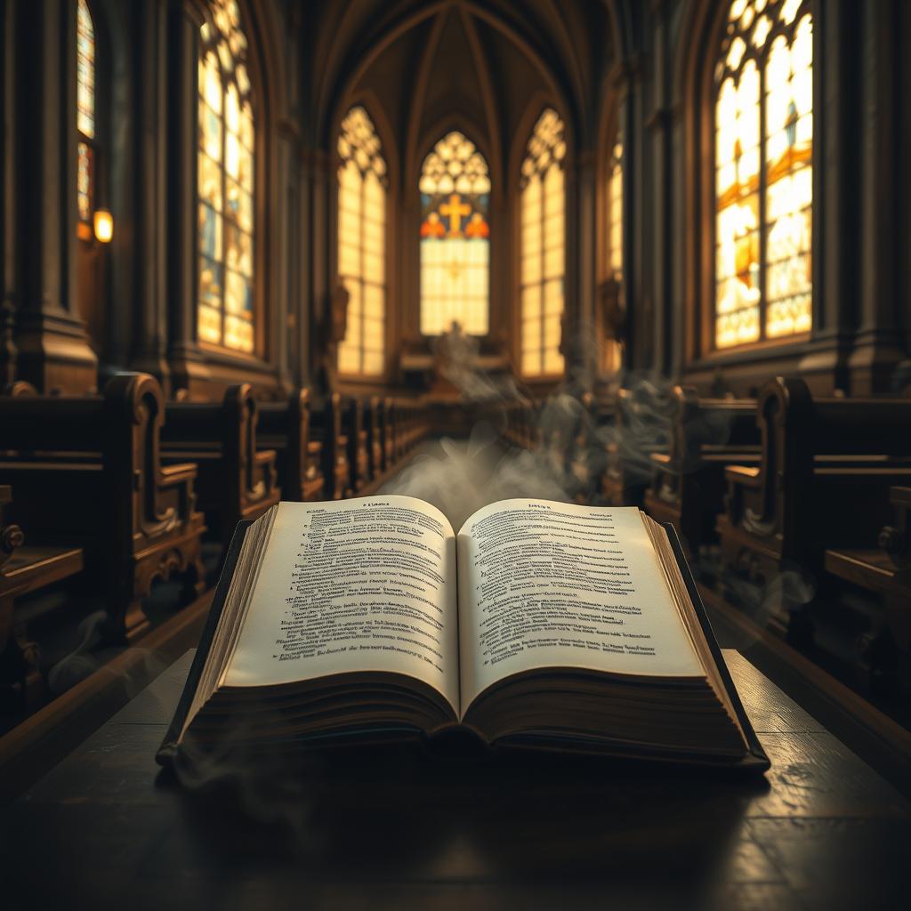 A dimly lit cathedral interior, soft golden light filtering through stained glass windows, casting a warm glow on the ornate wooden pews and intricate stone columns. In the center, a large, antique tome lies open, its pages illuminated, revealing the interconnected themes of the Readings for the 19th Sunday in Ordinary Time, Cycle C. Ethereal mist swirls around the book, evoking a sense of sacred contemplation. The scene is captured through a wide-angle lens, emphasizing the grandeur and solemnity of the space, inviting the viewer to meditate on the profound connections between the Scriptures.