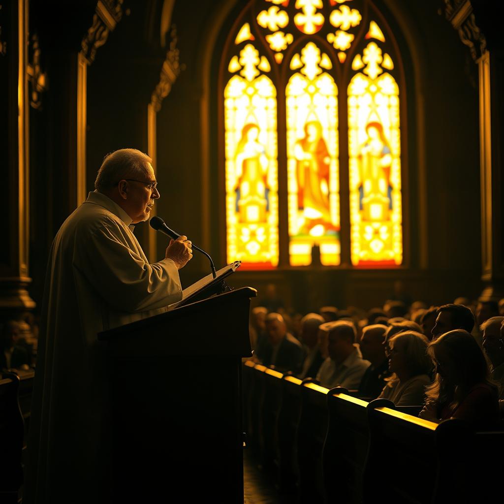 A dimly lit church interior, illuminated by warm, golden light filtering through stained glass windows. In the foreground, a priest stands at a wooden pulpit, his face thoughtful and serene as he delivers a homily. The pews are filled with attentive parishioners, their expressions reflecting deep contemplation. The background features ornate architectural details, such as ornate columns and intricate carvings, creating a sense of reverence and timelessness. The overall atmosphere is one of quiet reflection, as the faithful are guided towards practical applications for their modern lives.