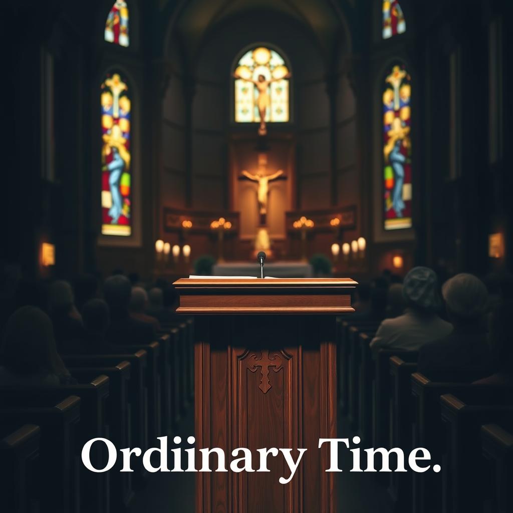 A dimly lit church interior, with stained glass windows casting a warm, reverent glow. In the foreground, an ornate wooden lectern stands, beckoning a speaker to deliver a homily. Behind it, pews filled with attentive parishioners, their faces reflecting the solemnity of the occasion. In the background, the altar and a majestic crucifix, serving as a focal point for the scene. The atmosphere is one of contemplation and spiritual guidance, evoking the essence of a Sunday service in Ordinary Time.