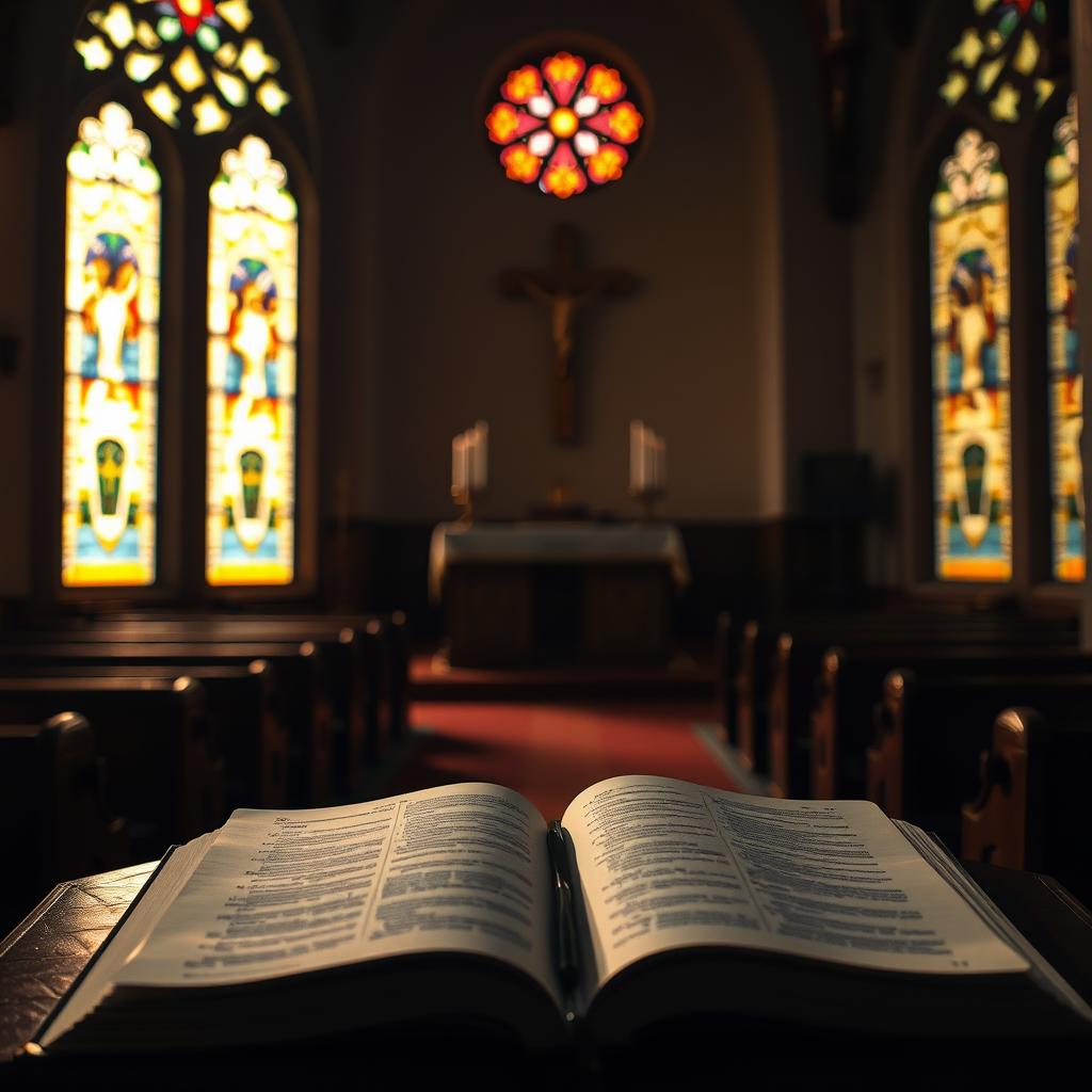A dimly lit church interior, with the warm glow of stained glass windows casting a reverent ambiance. In the foreground, an open Bible rests on a lectern, its pages illuminated, symbolizing the sacred Scriptures at the heart of the Fifteenth Sunday in Ordinary Time, C Cycle. The middle ground features a simple yet elegant altar, adorned with candles and a cross, representing the centrality of worship and devotion. In the background, pews recede into the shadows, evoking a sense of contemplation and spiritual reflection. The overall composition conveys the solemn and introspective nature of this liturgical season.