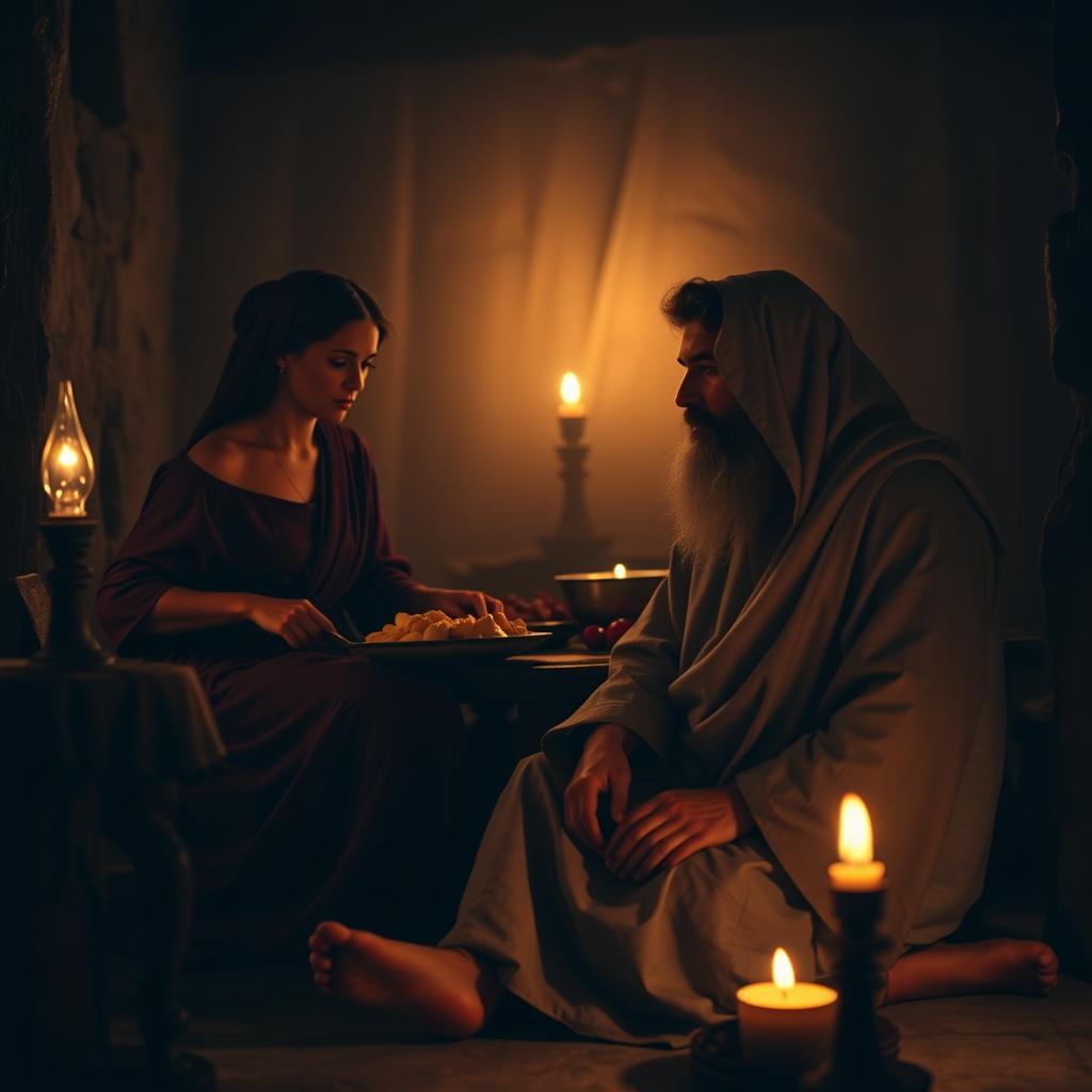 A dimly lit interior, the soft glow of a single oil lamp illuminating the scene. In the foreground, two women sit together, one bustling with activity while the other listens intently. Martha, the elder sister, moves purposefully, preparing a meal, her expression intent. Mary, the younger, is seated at the feet of a bearded man, her gaze rapt as she absorbs his teachings. The background is hazy, the focus drawn to the central figures, their interaction the focal point of the composition. Warm earth tones and muted shadows create an atmosphere of quiet contemplation, the moment frozen in time, a glimpse into the Gospel story of Martha and Mary.