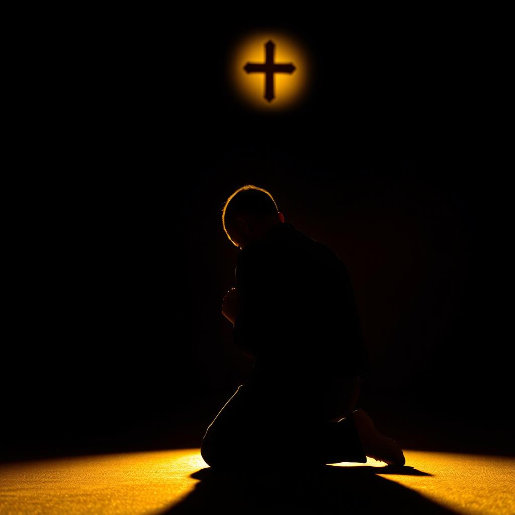 A dimly lit interior, where the focus is a figure kneeling in prayer, engulfed in a warm, golden light. The figure's face is obscured, emphasizing the introspective nature of their spiritual discipline. In the background, a simple altar or religious icon is visible, casting a soft, contemplative glow. The composition is balanced, with a sense of depth and atmosphere, conveying the reverence and dedication of the spiritual practice. The lighting is dramatic, creating shadows and highlights that add depth and a sense of mystery to the scene.