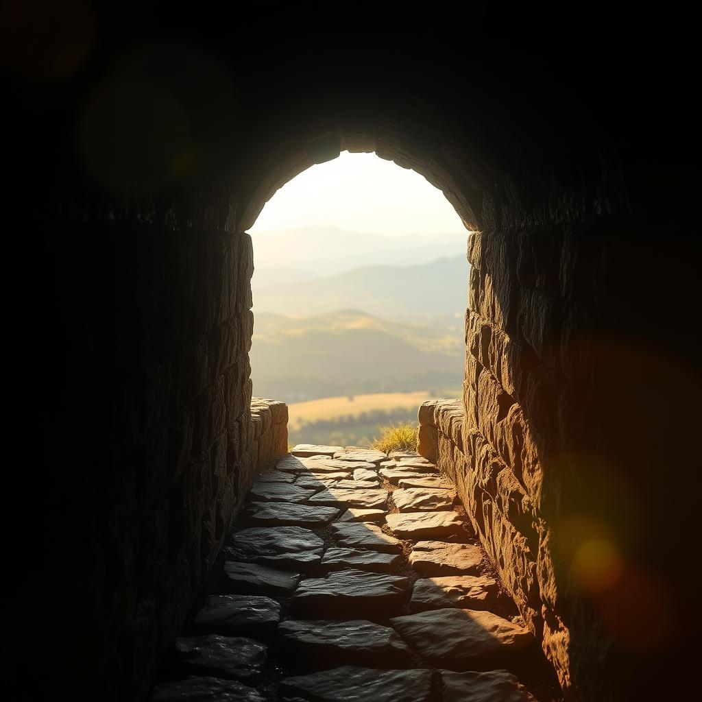 A dimly lit, narrow stone archway leading into a serene, ethereal realm. Soft, warm light filters through the entrance, casting a golden glow on the weathered, mossy stones. In the background, a hazy landscape of rolling hills and distant mountains evokes a sense of the divine. The path ahead appears challenging, yet inviting, symbolizing the spiritual journey of faith and the quest for enlightenment. Lens flare and subtle bokeh effects create an atmospheric, reverent ambiance, highlighting the thresholds and transitions of this sacred gateway.