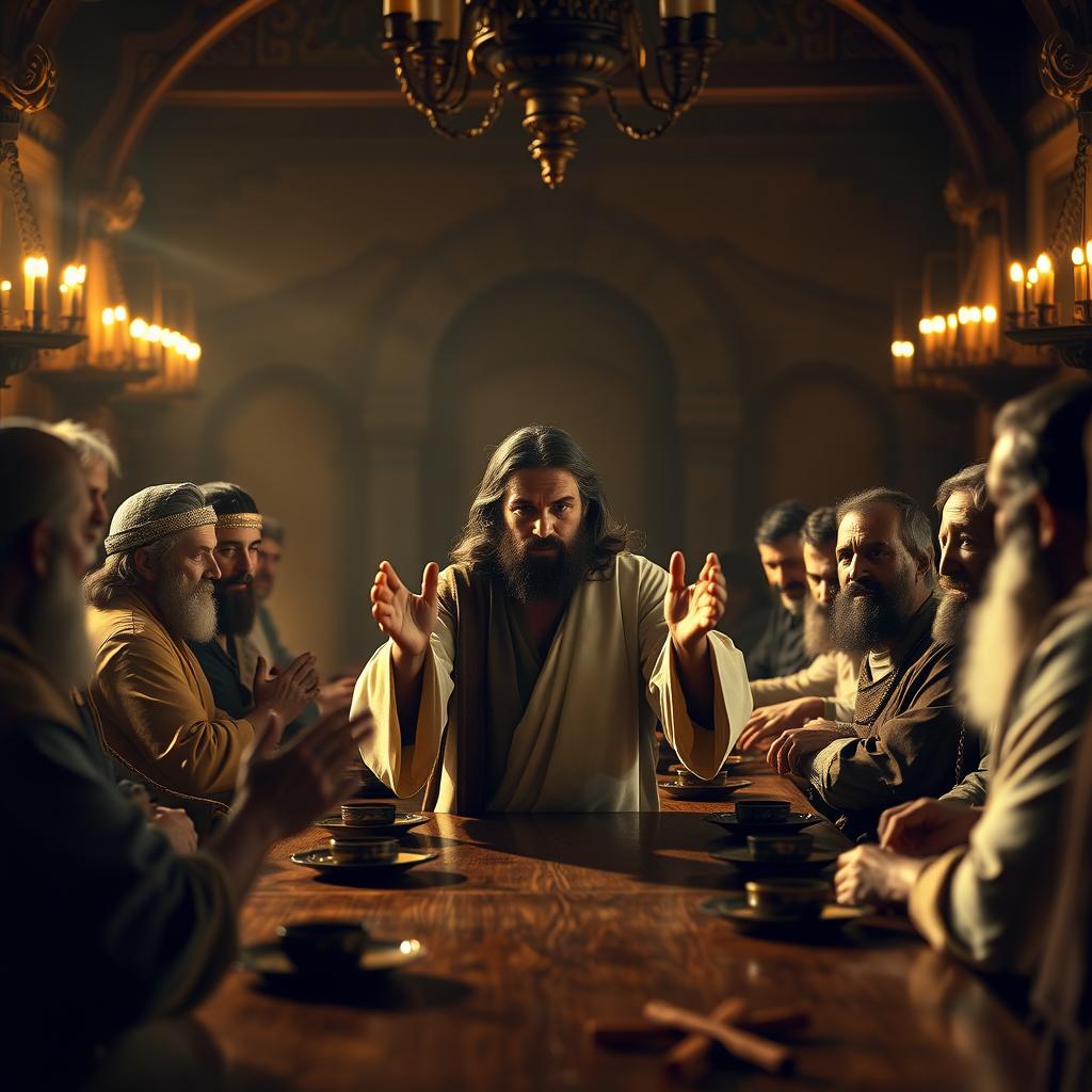 A dimly lit, ornate Pharisee's dining hall, with a long wooden table set for a feast. In the center, Jesus, radiant and composed, gestures with his hands as he engages a group of Pharisees, their faces etched with a mixture of curiosity and skepticism. The scene is bathed in a warm, golden glow, creating an atmosphere of contemplation and spiritual tension. The background is blurred, highlighting the focal point of Jesus and the Pharisees. The image conveys the Gospel's message of humility, compassion, and the subversion of social hierarchies.