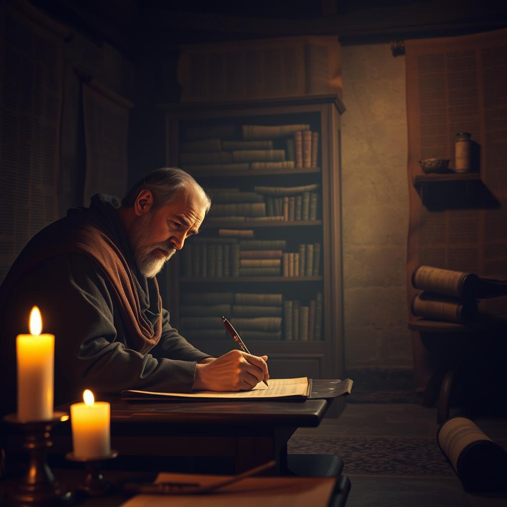 A dimly lit room, adorned with ancient scrolls and parchments, sets the stage for Paul's ministry. In the foreground, a figure sits hunched over a writing desk, brow furrowed in deep contemplation, quill in hand. The soft glow of candlelight illuminates his weathered face, casting shadows that accentuate the intensity of his expression. In the middle ground, a bookshelf stands tall, its shelves brimming with tomes of wisdom and knowledge. The background is shrouded in a warm, muted tone, suggesting the timeless and sacred nature of the scene. The overall atmosphere is one of solemnity, reverence, and a deep sense of purpose, capturing the essence of Paul's unwavering dedication to his divine calling.