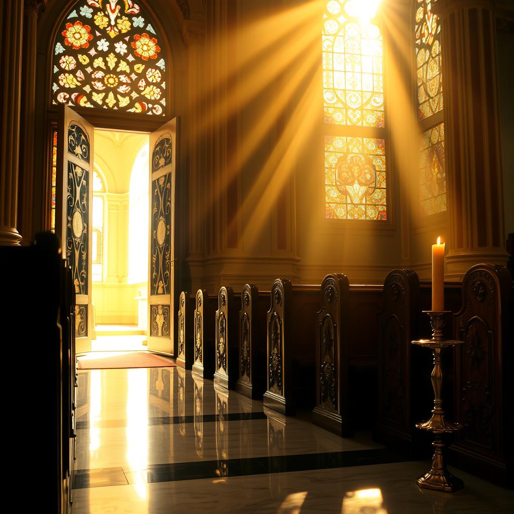 A divine sanctuary bathed in warm, golden light, with stained glass windows casting kaleidoscopic patterns on the ornate altar. Intricate carved pews and a polished marble floor evoke a serene, reverent atmosphere. Soft rays of sunlight stream through the open doorway, illuminating a peaceful, contemplative scene. Subtle details, such as a candle flickering and the fluttering of a gentle breeze, add to the sacred, timeless ambiance. The composition captures the essence of the Twentieth Sunday in Ordinary Time, Cycle C, inviting the viewer to pause, reflect, and find solace in the quiet grandeur of this holy space.