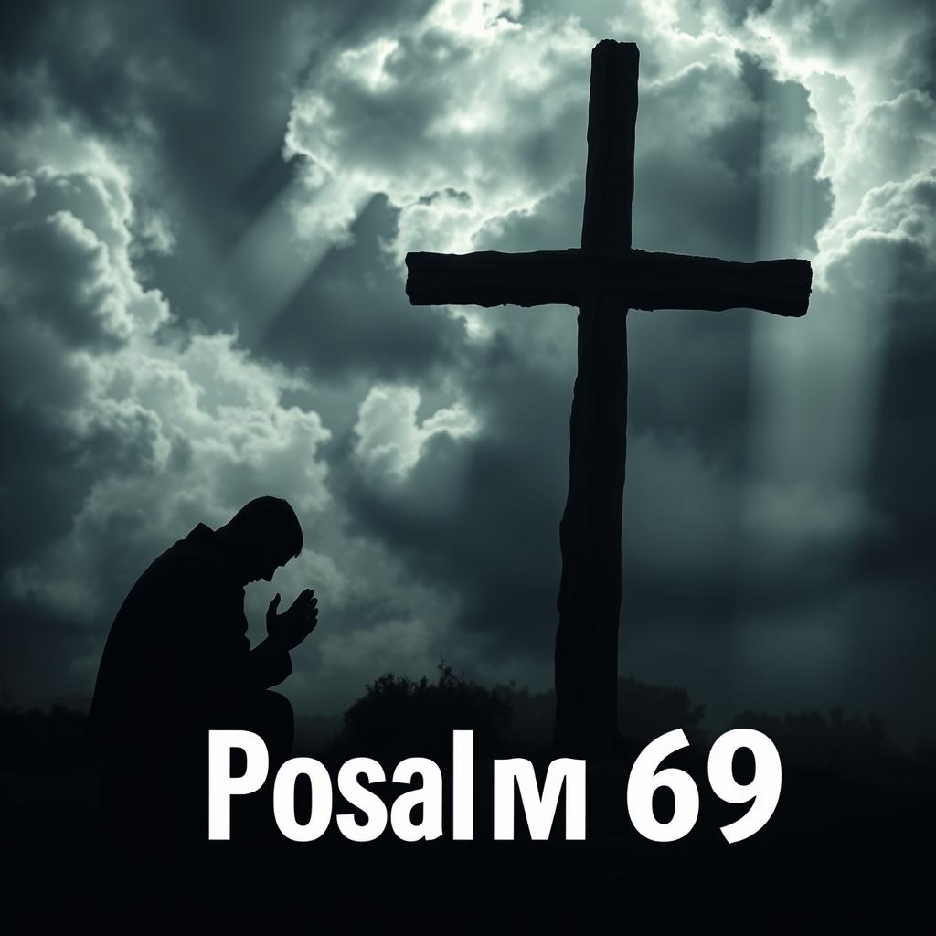 A dramatic, cinematic rendering of Psalm 69, set against a somber, moody backdrop. In the foreground, a solitary figure kneels in prayer, their hands clasped tightly, face obscured in shadow. The middle ground features a towering, weathered cross, its beams casting long, ominous shadows. In the distance, a turbulent sky roils with swirling clouds, streaked with shafts of ominous light. The overall atmosphere is one of profound anguish, pleading, and a desperate cry for divine intervention. Utilize a high-contrast, chiaroscuro lighting scheme to heighten the sense of darkness and despair. Capture the raw emotion and spiritual turmoil evoked by this poignant psalm.