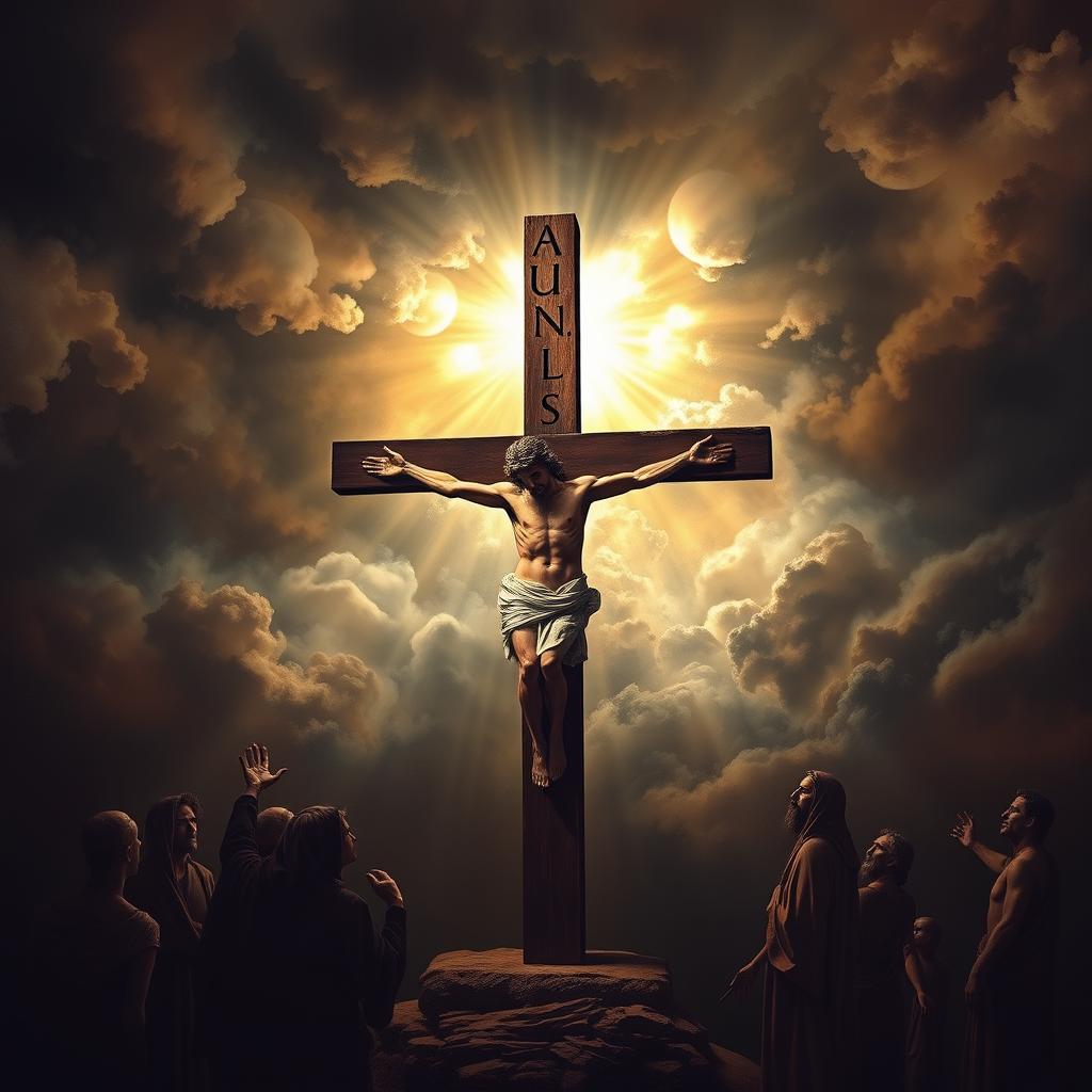A dramatic rendering of "Paul's Theology of the Cross", depicting a crucified Christ in the foreground, against a backdrop of a stormy, ominous sky. The figure of Christ is illuminated by a shaft of heavenly light, emphasizing the central role of the cross in Christian theology. In the middle ground, shadowy figures representing the diverse peoples and cultures Paul sought to reconcile through the message of the cross. In the background, a swirling tempest of worldly powers and principalities, symbolizing the cosmic struggle Paul saw played out on the cross. Evocative chiaroscuro lighting and a painterly, expressionistic style convey the profound spiritual and theological significance of the cross in Pauline thought.