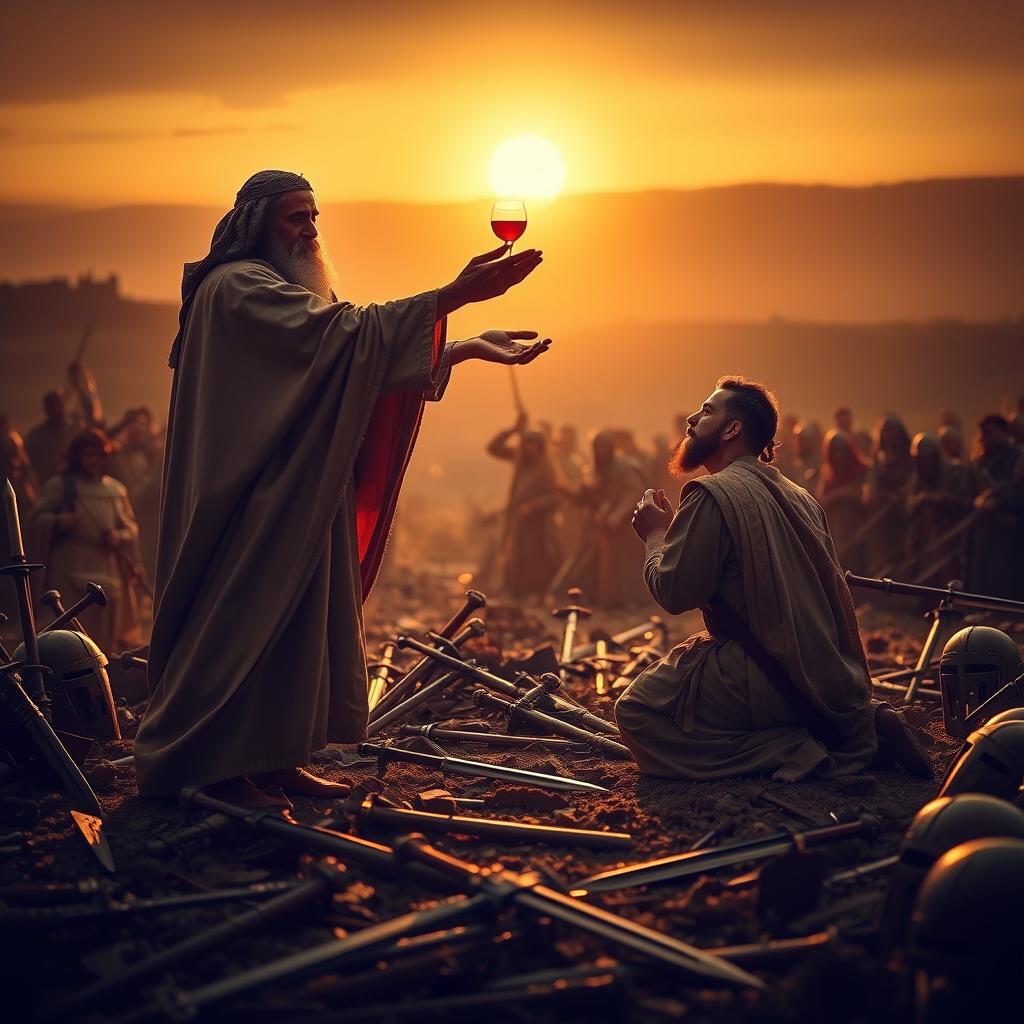 A dramatic scene of Melchizedek, the mysterious priest-king of Salem, offering bread and wine to Abram after his victory over the kings. In the foreground, Melchizedek stands tall, his robes flowing, extending the sacred elements with an air of solemnity. Abram kneels reverently, his face awestruck, receiving this ancient rite. The middle ground is filled with the remnants of battle - broken weapons, scattered armor - a reminder of the worldly conflict giving way to the divine. In the distant background, the setting sun casts a warm, golden glow, imbuing the moment with a sense of timelessness and the eternal. Dramatic chiaroscuro lighting accentuates the spiritual significance of this encounter, a precursor to the Eucharistic sacrifice at the heart of Christian worship.